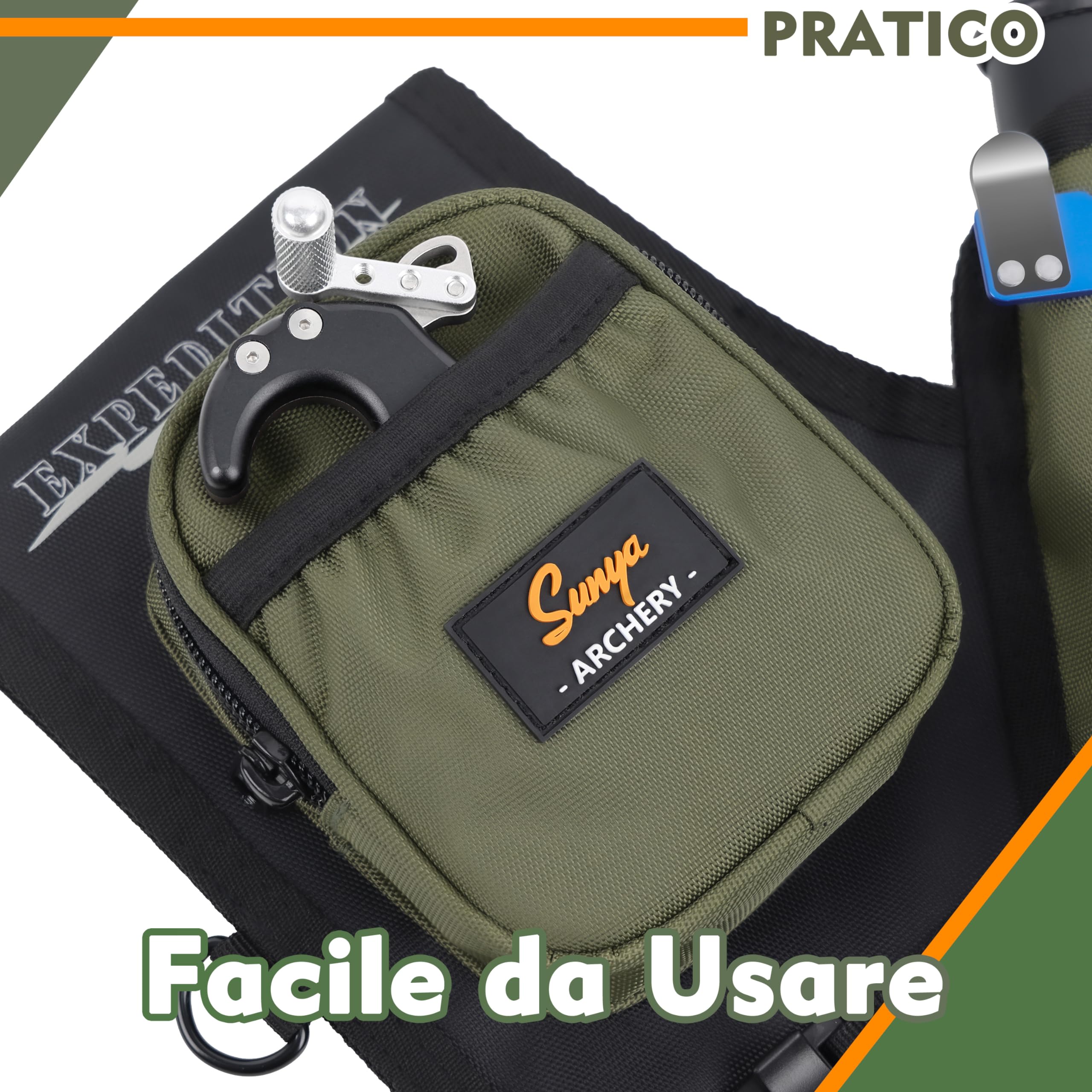 Sunya faretra per frecce Arco. Include 3 Tubi portafrecce, Tasche per Accessori e Cintura. Adatto per Archi Compound e recurve.