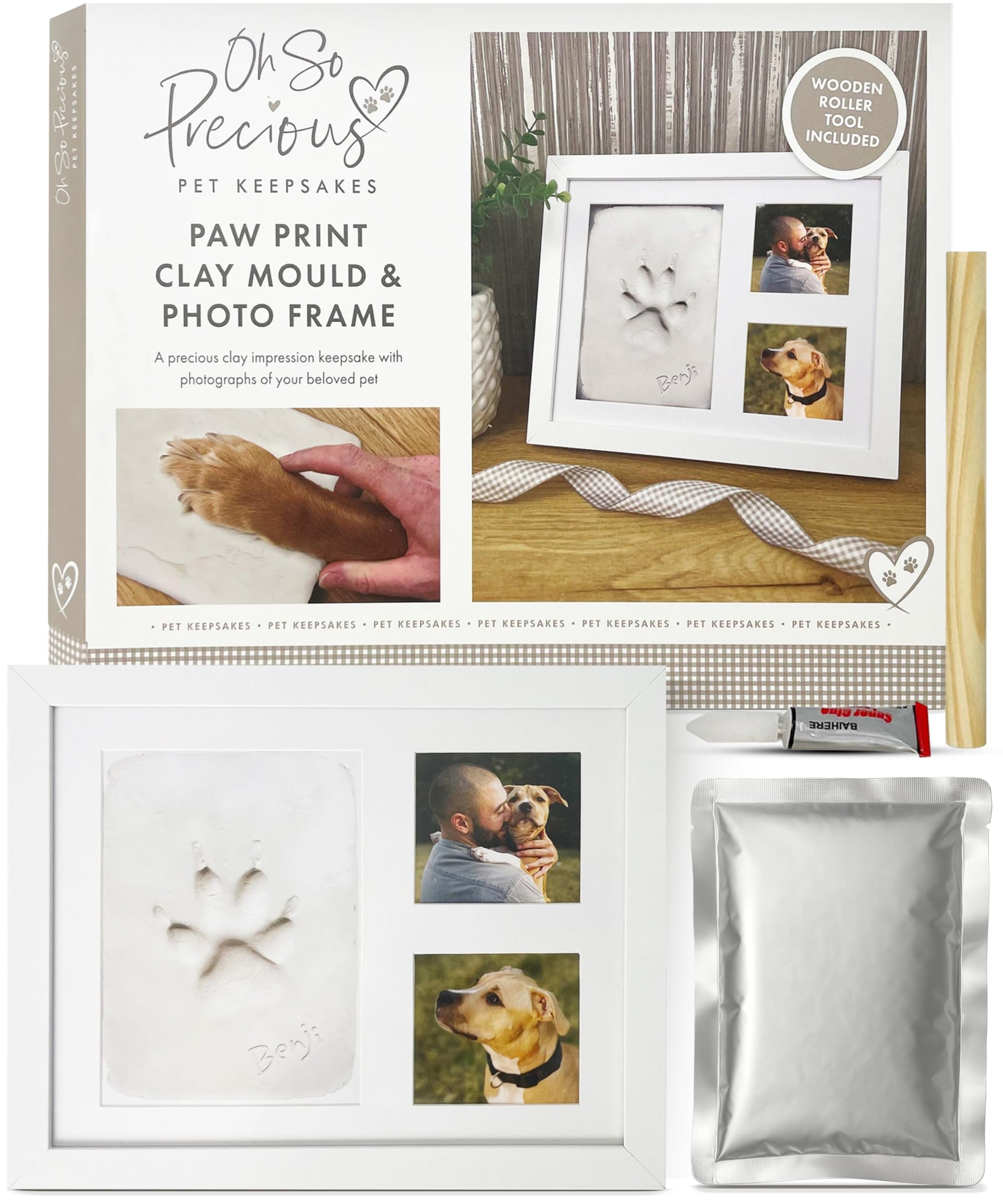 Oh So Precious Picture Frame & Clay Paw Print Kit for Dogs – Paw Print Kit for Cats with 250g Air Drying Clay, Wooden Roller & Glue – 2-3 Imprints