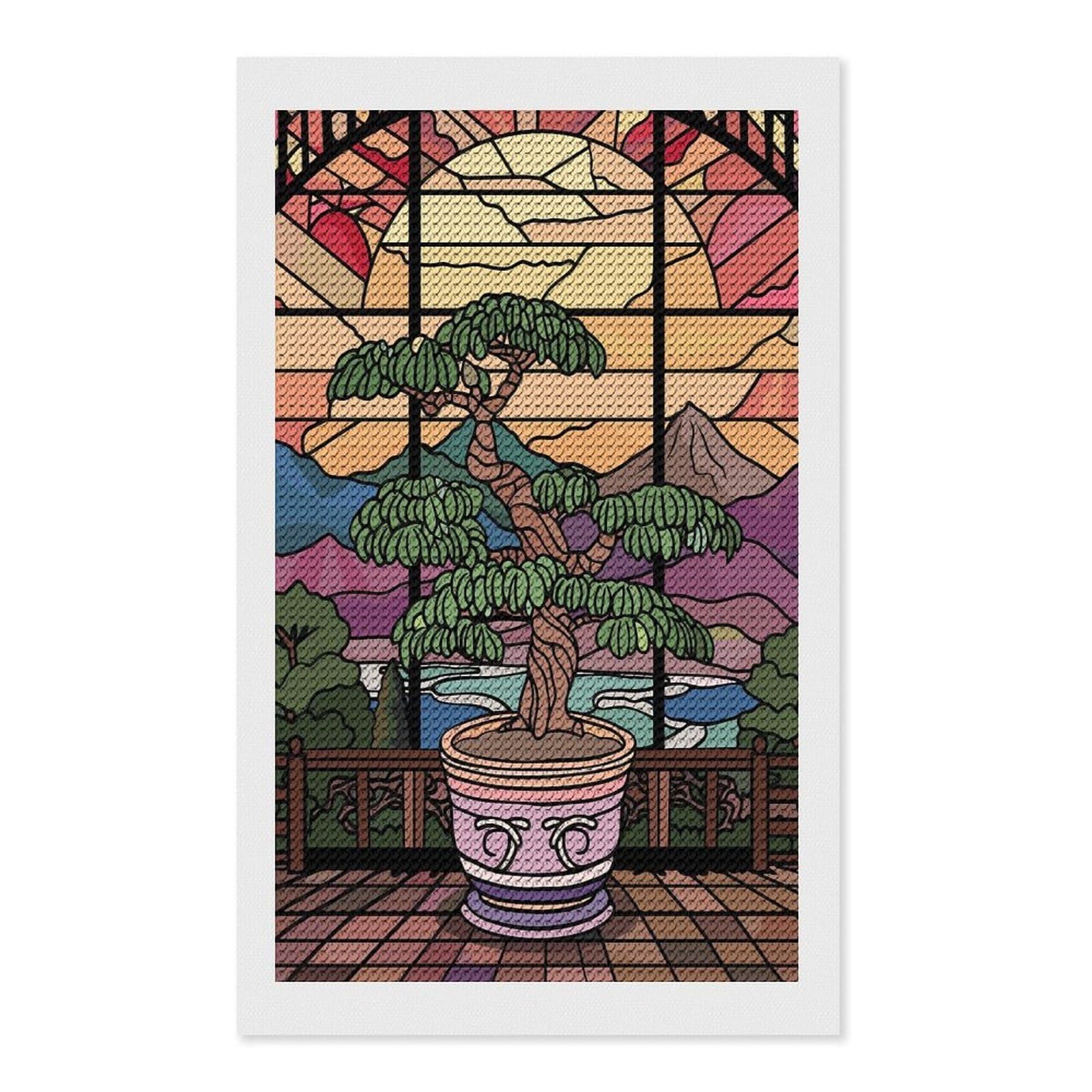 Junmoney Stained Glass Bonsai Tree Landscape Diamond Painting Kit 12"x20", for Women, Simple to Start, Bedroom Decor, Christmas Gift, Good for Quiet Evenings