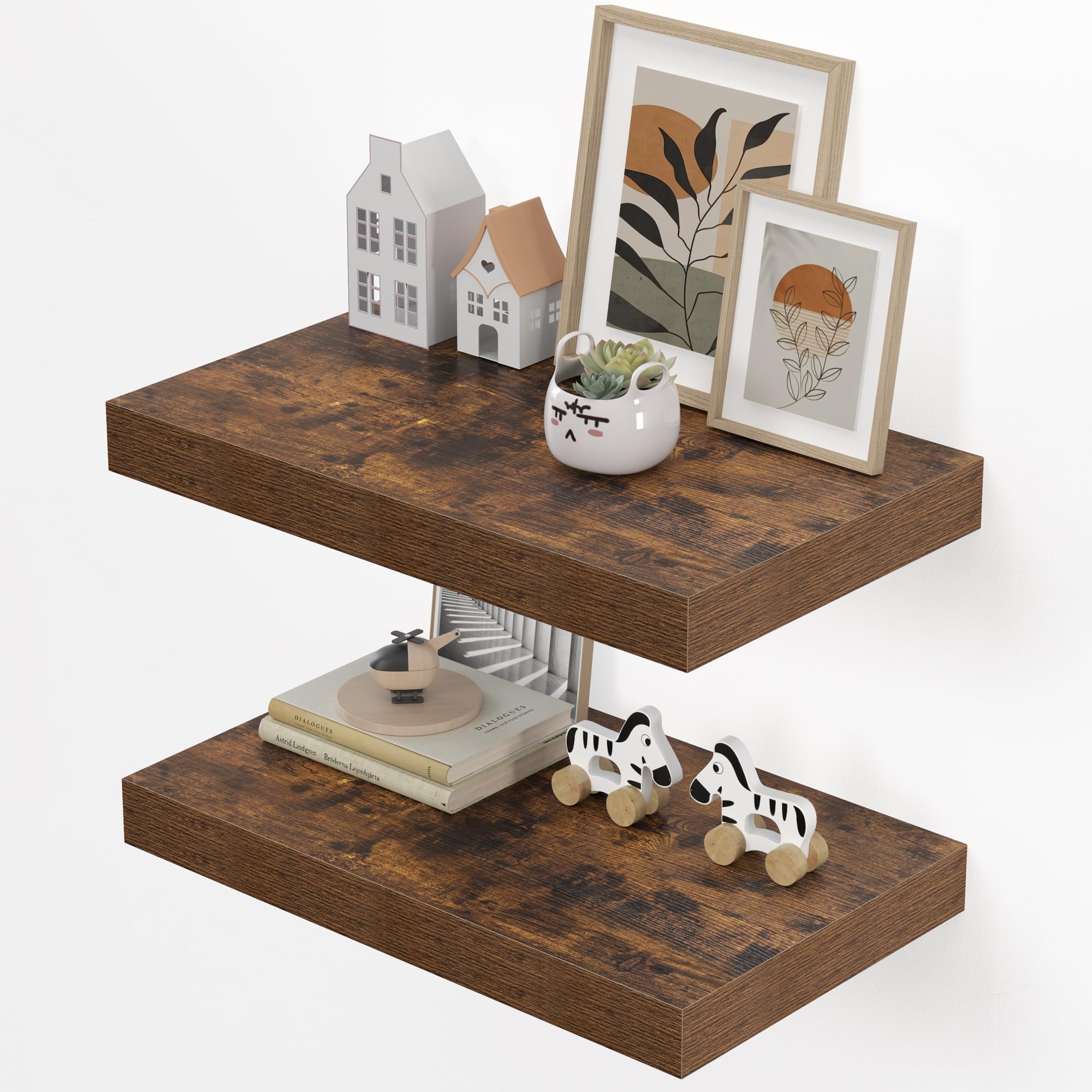 Dreamland 20" Floating Shelves for Wall, 12" Deep Thicker Floating Shelves, Wall-Mounted Shelves for Bedroom, Living Room, Kitchen, Bathroom,Rustic Brown - Set of 2