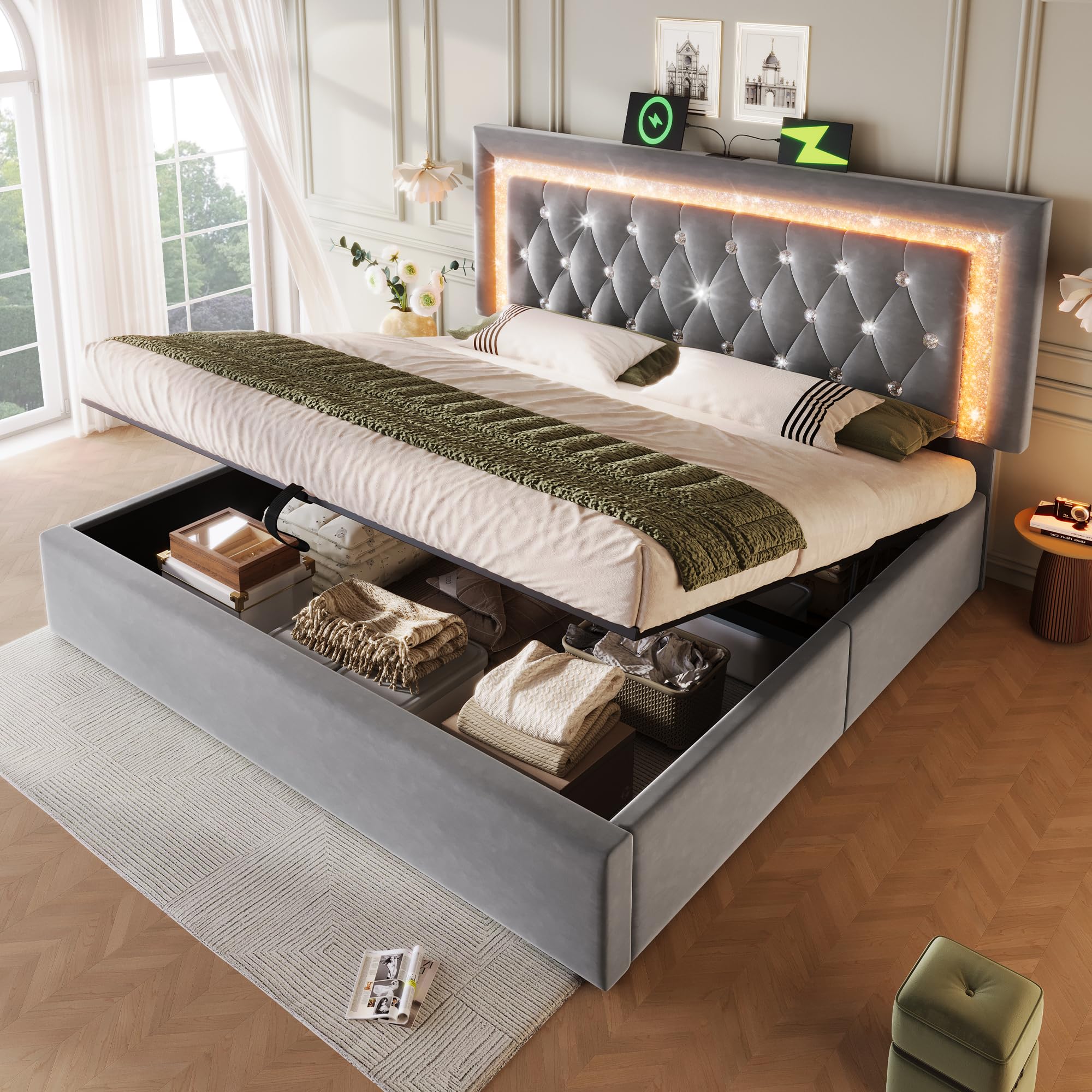 Łóżko tapicerowane 180 x 200 cm, aksamitne łóżko podwójne z paskami diamentowymi LED, stacja ładująca USB & Type-C, hydrauliczne łóżko do przechowywania, nowoczesne łóżko młodzieżowe ze