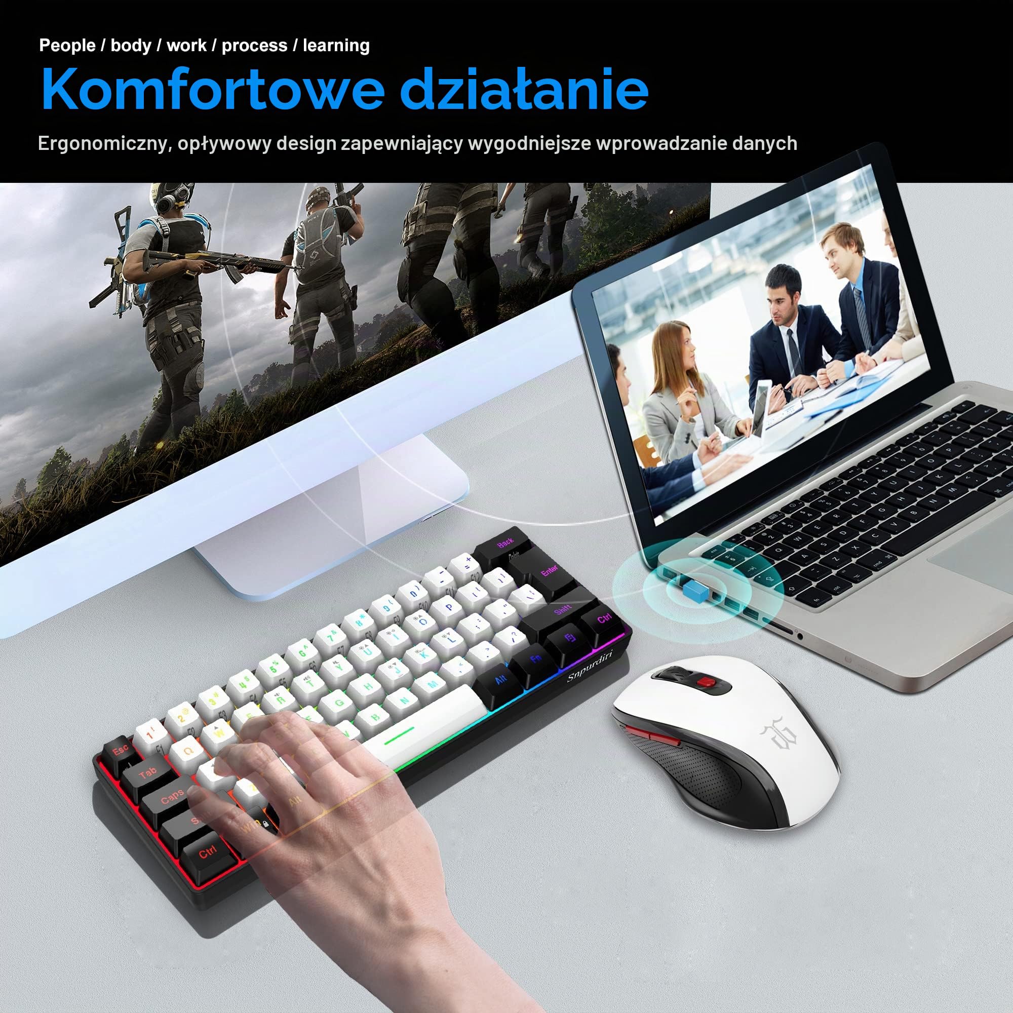 Snpurdiri 60% zestaw bezprzewodowej klawiatury do gier, bezprzewodowa mysz gamingowa, zawiera 2,4 G Small Mini 60% Merchanical Feel, ergonomiczny design, pionowa mysz (czarno-biała)
