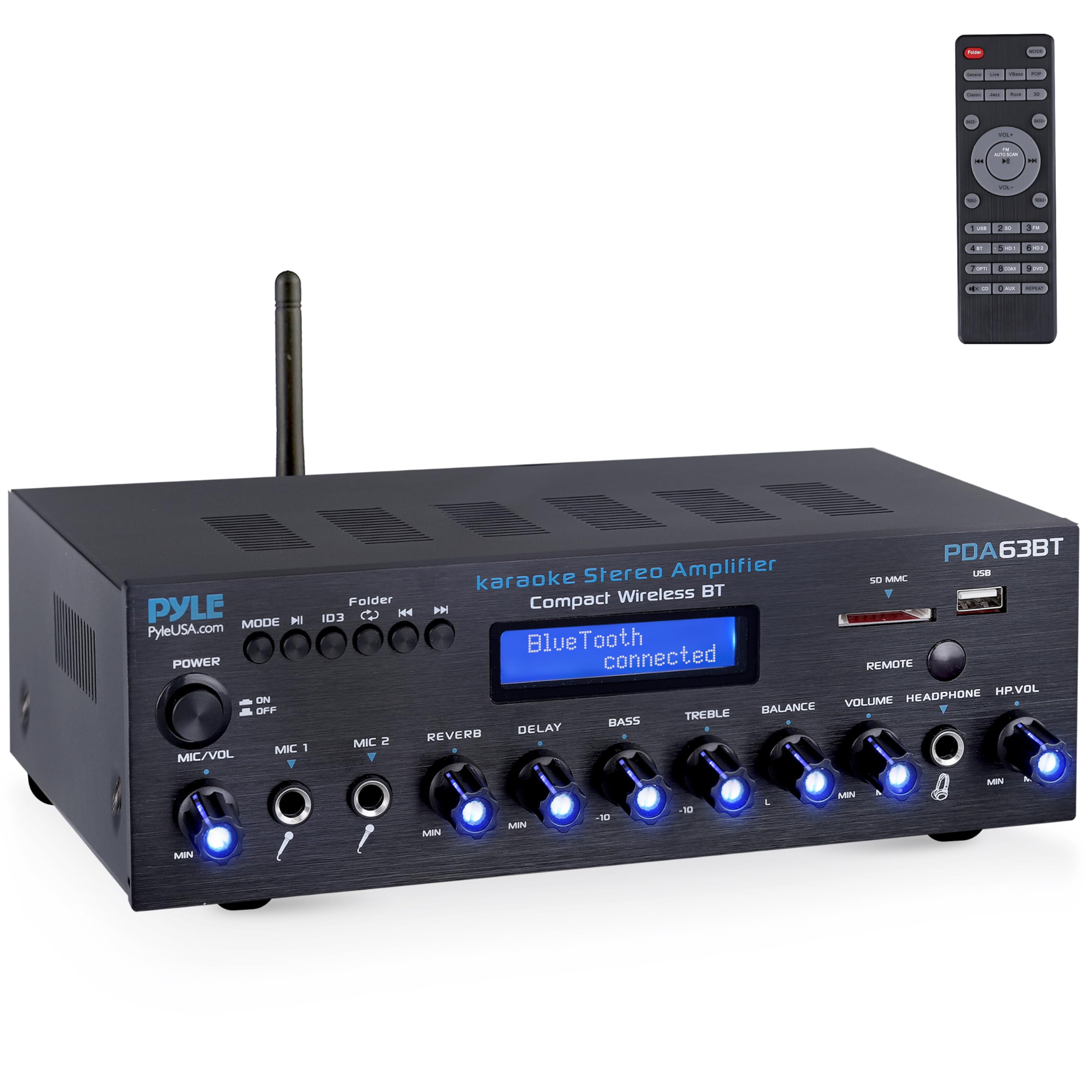 Pyle Verstärker 200W Bluetooth Receiver 2 Kanal Stereo mit FM Radio USB/SD AUX RCA Mikrofon Eingänge Bass Höhenregelung Karaoke