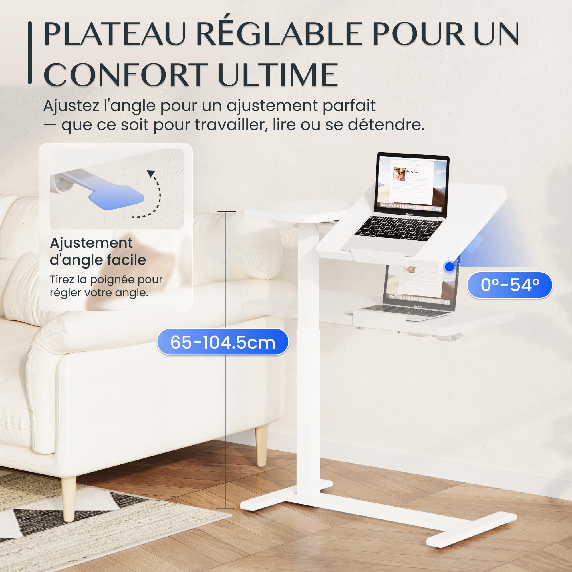 FLEXISPOT Mobilny stolik do łóżka z 4 ukrytymi kółkami – biurko z regulacją wysokości 65-105 cm, blat 80 x 40 cm, obciążenie 70 kg, stolik boczny do laptopa, sypialni, salonu lub sofy (biały)