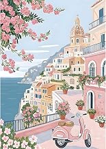 NEWENMO Costa Amalfitana Diamond Painting Adultos,DIY Flores Rosadas Pintura de Diamante Set,5D Diamond Art Kit Completo,Bricolaje Dibujo de Diamantes,para Principiantes Hogar Decoración 30x40cm
