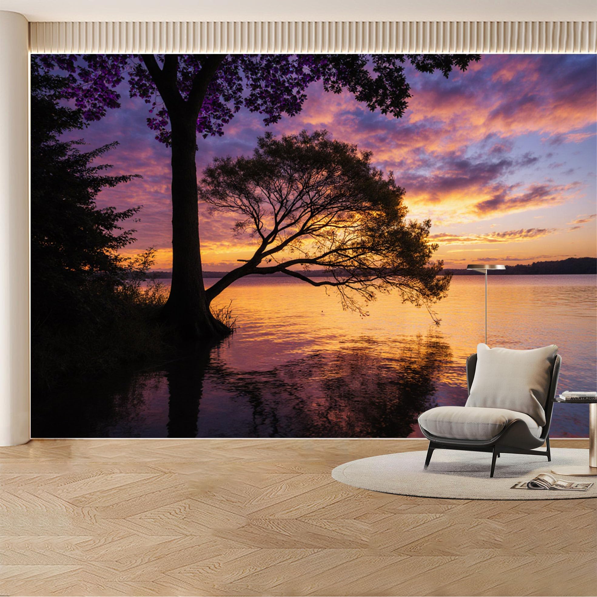 Custom Wall Mural Wallpaper Tree Lake Sunset， Landscape Nature Wall Decor Large Wall Art， Tropical Misty Removable SelfAdhesive Large Photo for Living Room， Bedroom， Office