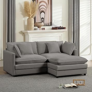 PUREMIND 77" Modular Cloud Couch Sectional Sofa, 3-Seater L-Shaped Chenille Sofa Set - with Ottoman & Pillows, Soft Deep Seated Comfy Couch for Living Room, Apartment, Light Grey