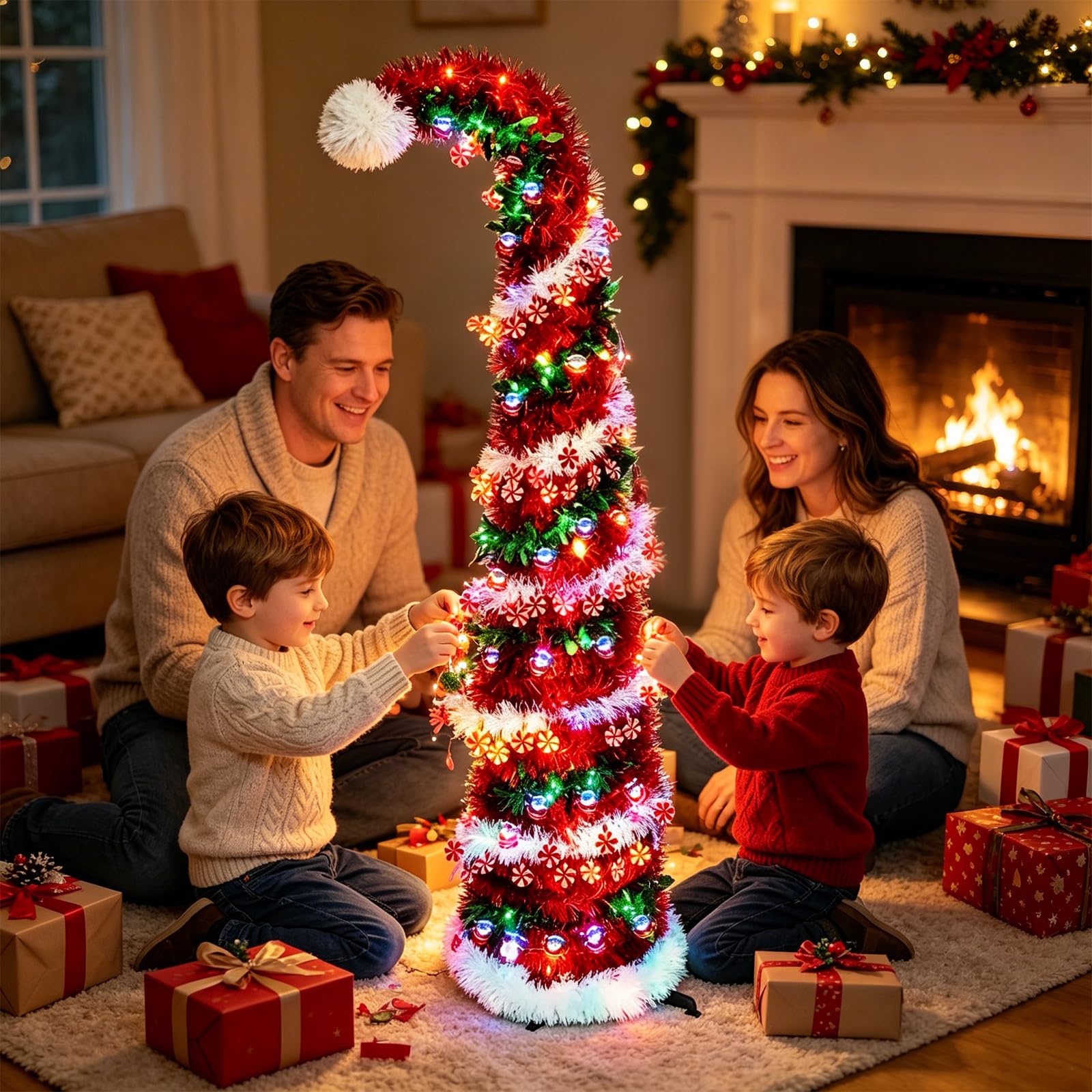 Faltbarer Künstlicher Weihnachtsbaum 150cm mit Beleuchtung, Pop Up Schmal Weihnachtsbaum mit 50 LED und Sternspitze, PVC Lametta Bleistift Tannenbaum Weihnachtsdekoration (Rot 2)