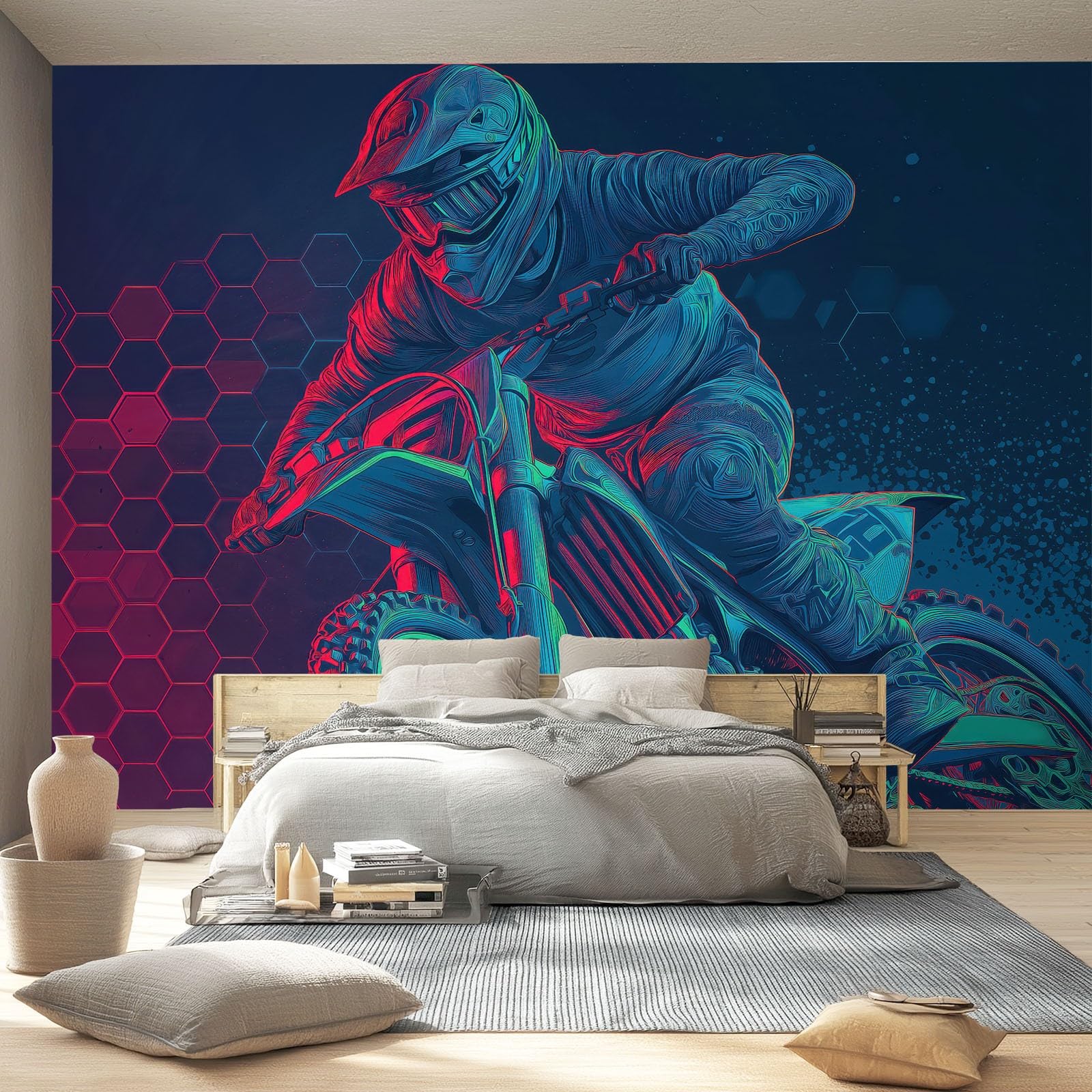 Bardzo duża fototapeta 400 x 280 cm (szer. x wys.), kreskówkowy wzór motocykla, zdejmowana fototapeta do przestronnego salonu, wyścigowca terenowego