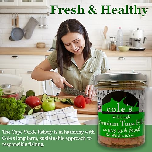 Miniatura 7 de COLES - Filetes de atún frescos enlatados en aceite de oliva con hinojo, paquete de 6  pescado fresco sin gluten, pescado de atún capturado en la