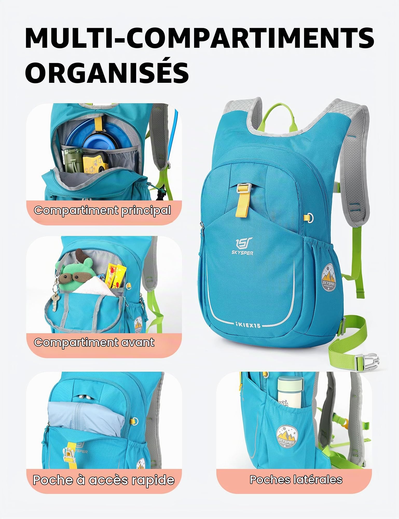 SKYSPER 15 L Sac à dos enfant, poche hydratation et sifflet de sécurité | Léger, pour enfants de 10 à 16 ans, idéal pour le camping, sifflet de sécurité, compartiment à eau, adapté aux randonnées