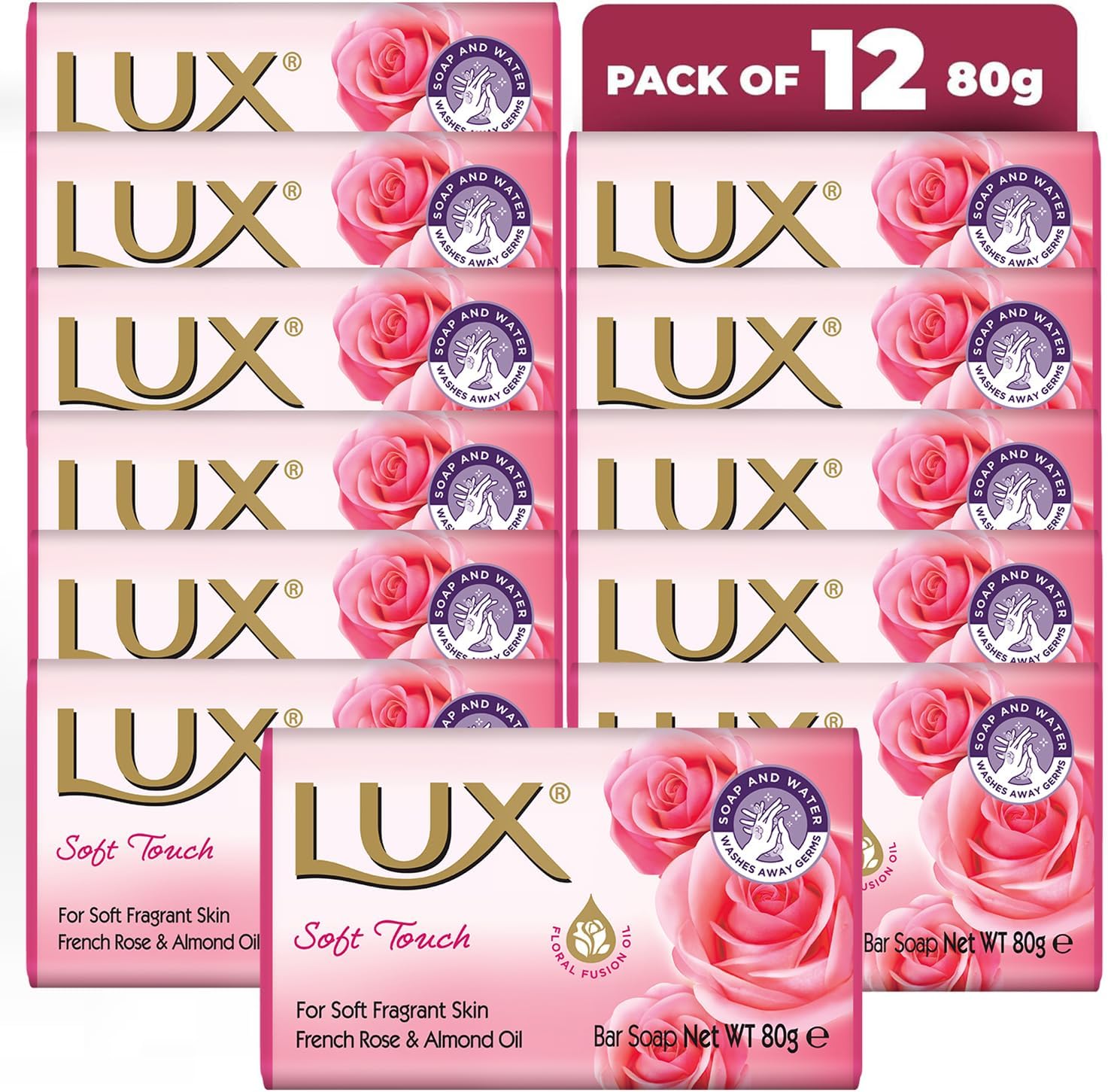 Soft Touch Soap Bar, French Rose & Almond Oil, For Soft Fragrant Skin, 80g (12 Pack)