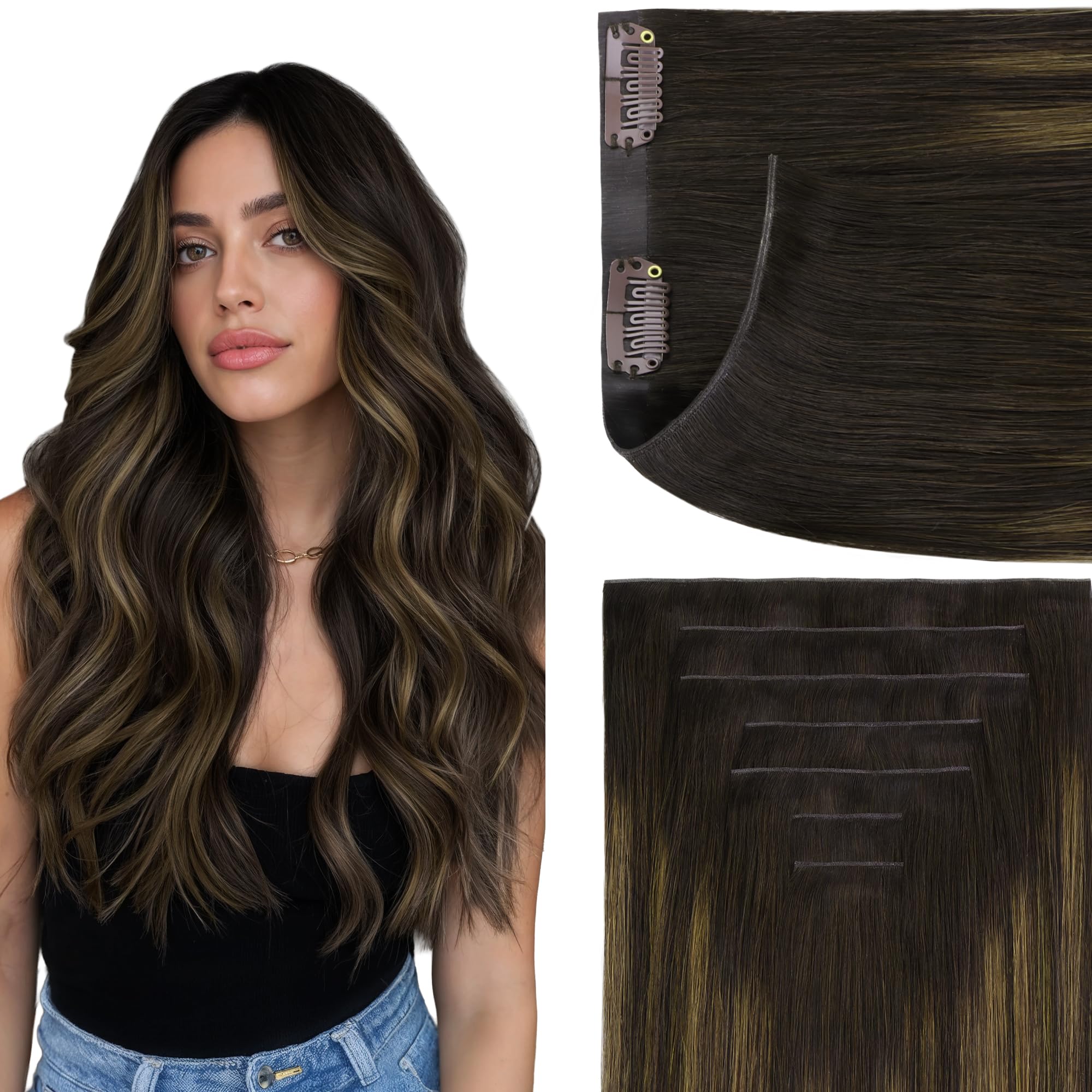 GOO GOO Genius Clip in Hair Extensions, 14inch 110g 7pcs, Seamless PU Clip in Hair Extensions, Virgin Real Human Hair, #(T2/6) P2 Dark Brown to