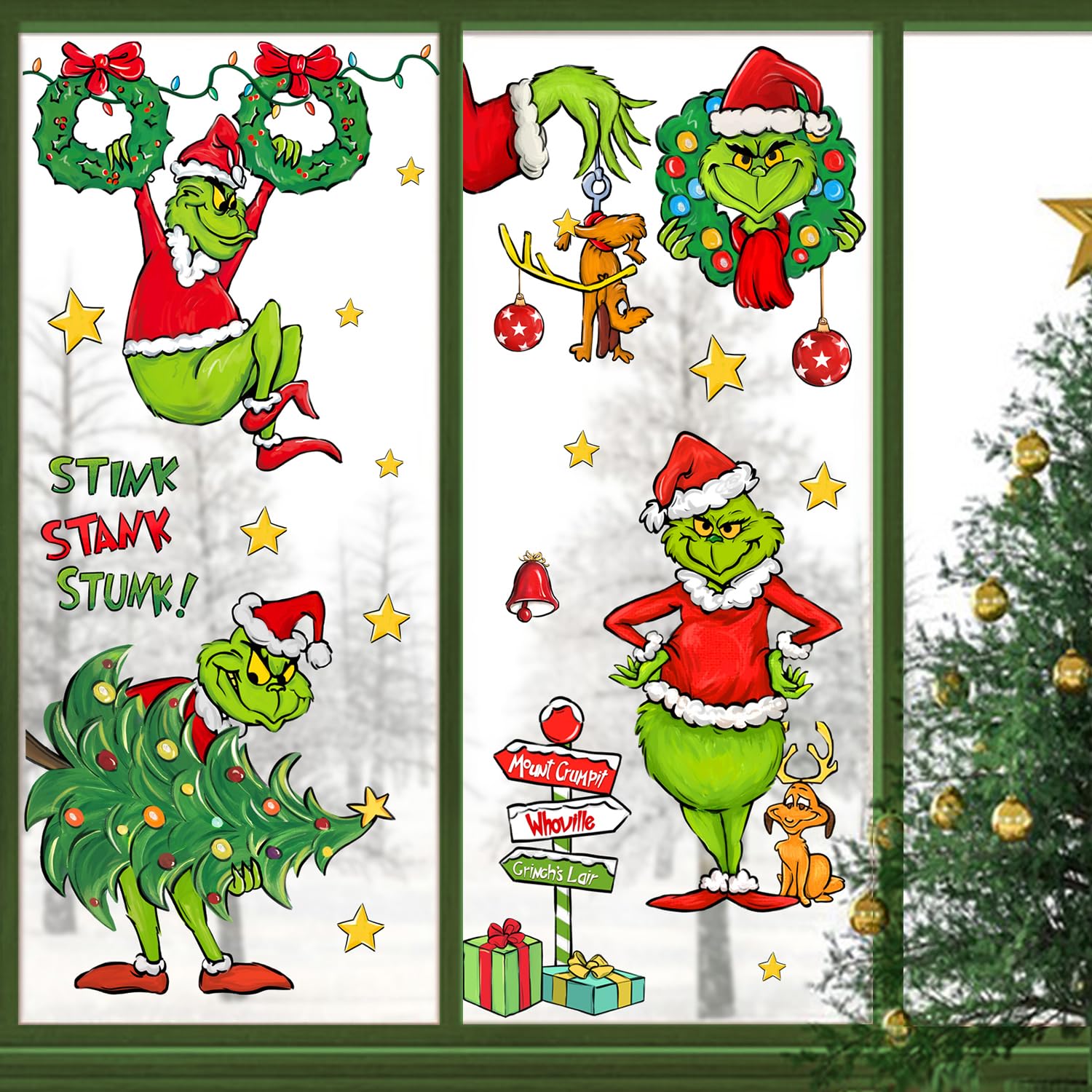 Yovkky Merry Christmas G r in. Ch Window Clings, Xmas Tree Max Dog Wreath Sign 2025 New Year Green Red Stickers Decals Decor, Stink Stank Stunk Funny Winter Holiday Home Kitchen Decorations