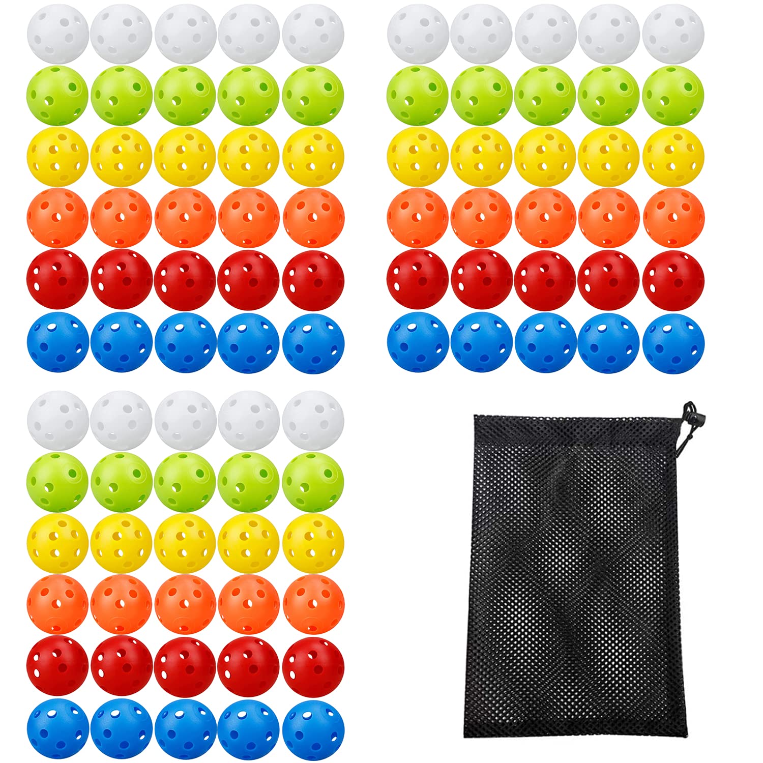 90 Pack Colorful Plastic Practice Golf Balls Airflow Hollow Training Golf Balls with Nylon Mesh Bags for Driving Range, Swing Practice, Outdoor or Home Use