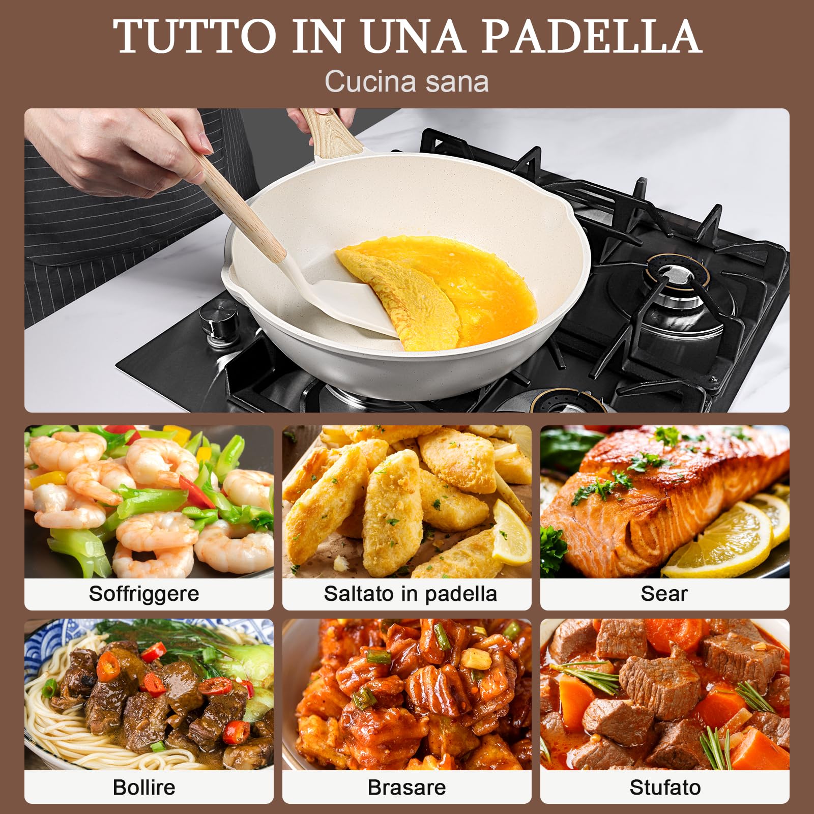 GiPP Padella Con Bordo Alto, 30 Cm, 5 L, Antiaderente, Con Coperchio In Vetro, Rivestimento Antiaderente In Granito Con Manico, Padella Sana E Atossica, Senza Pfos/Pfoa, Bianca