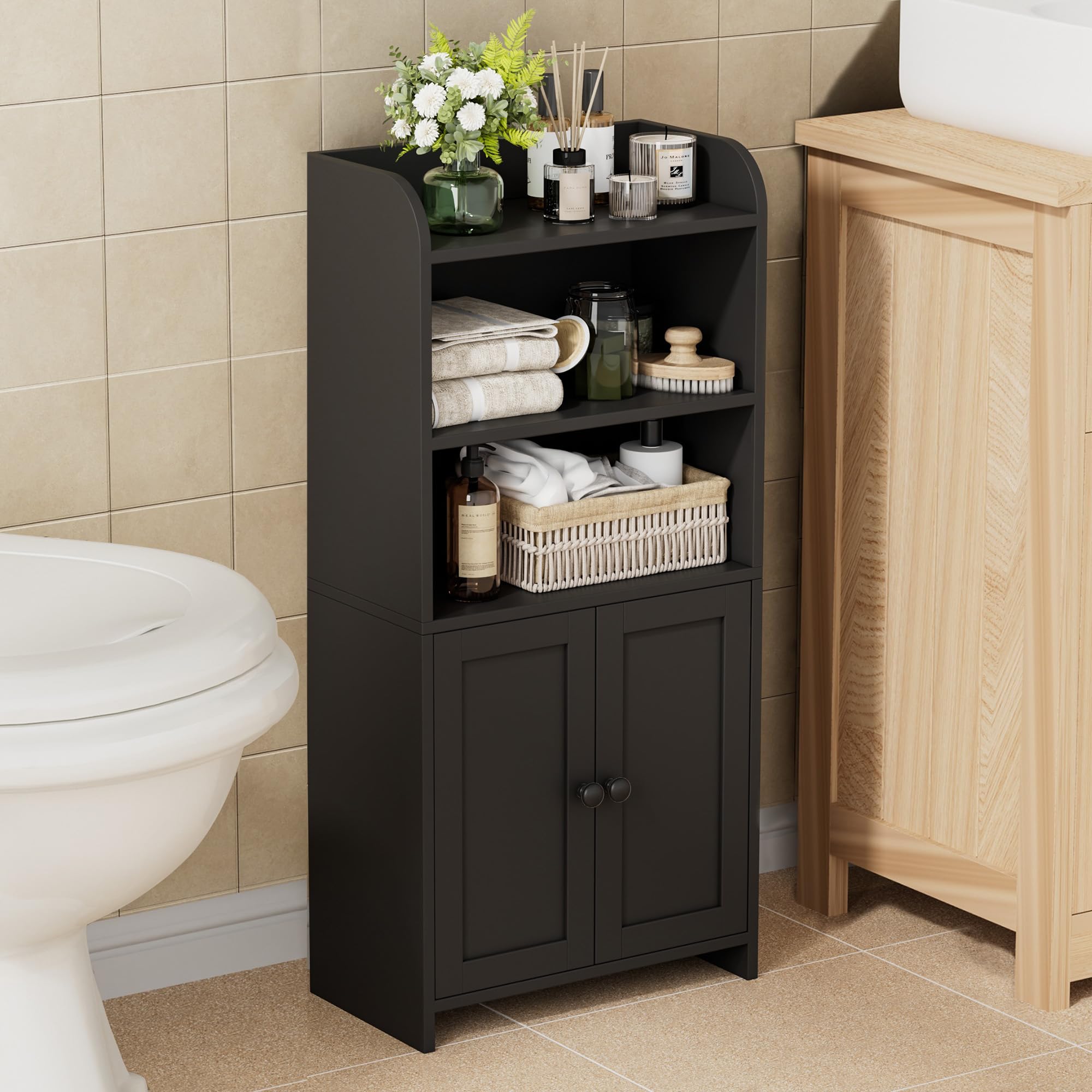 Homhedy Small Bathroom Storage Cabinet, 7.9" D x 14.6" W x 31" H, Black