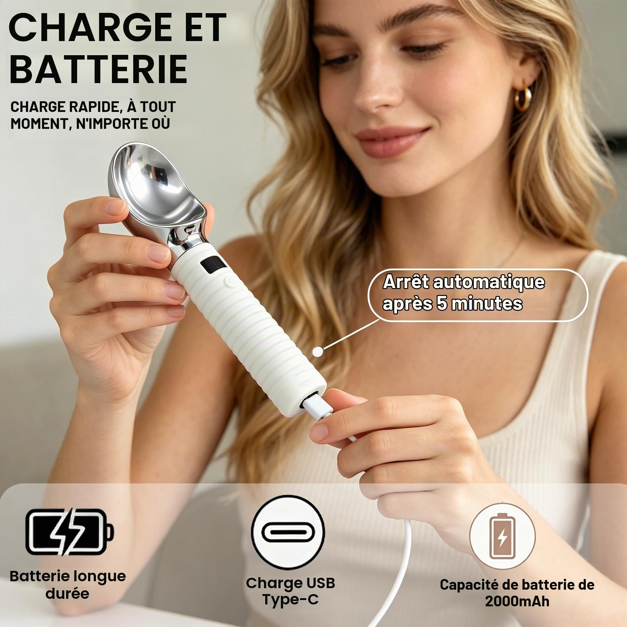 Cuillère à Glace Chauffante Rechargeable Écran LED Alliage Zinc | 2 niveaux de température, étanche IP67, alliage zinc alimentaire, charge USB-C, arrêt auto, adapté glace sorbet yaourt glacé