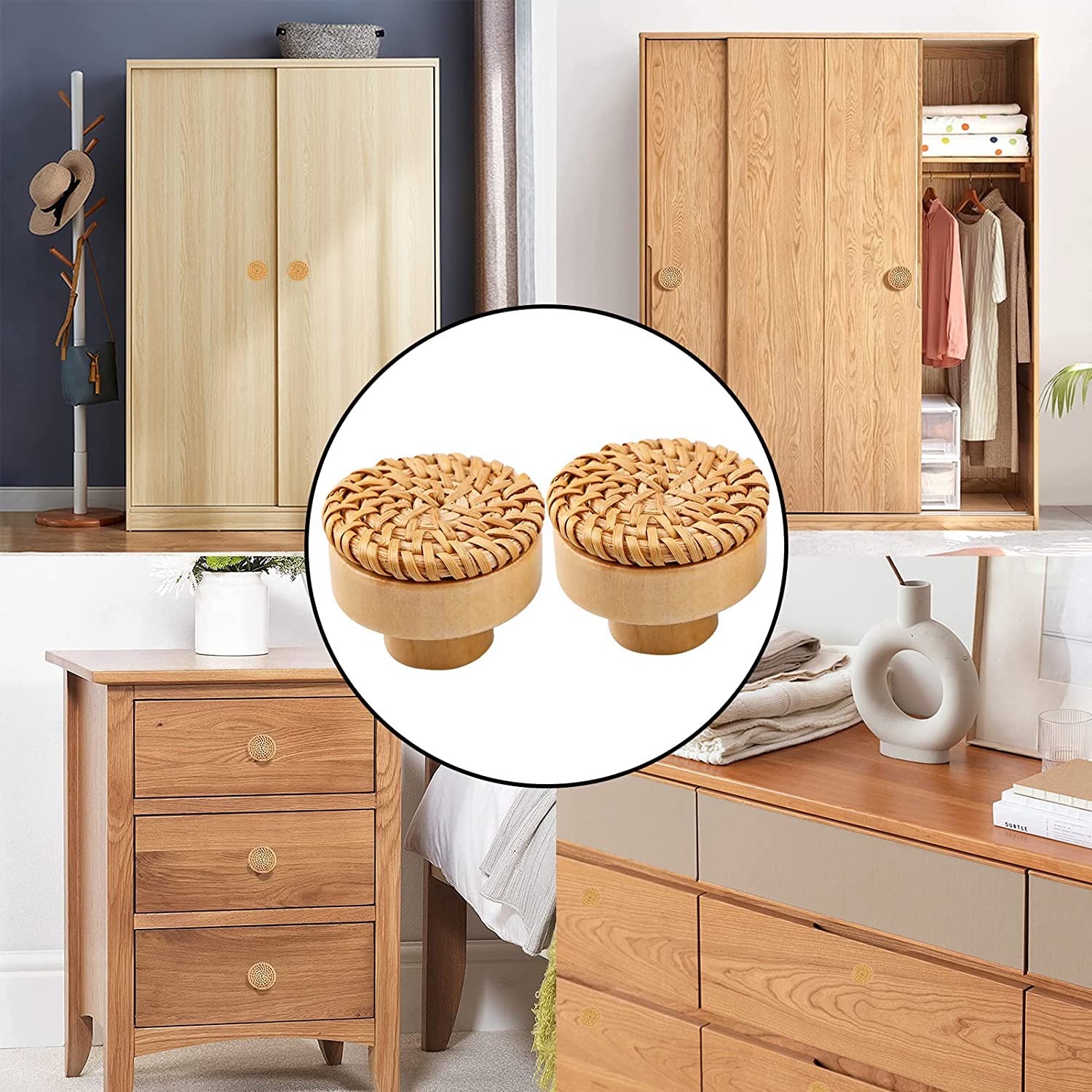 8 Pomelli Per Mobili In Rattan Intrecciato A Mano | Vintage Boho Per Cassetti E Armadi | Diametro 40mm