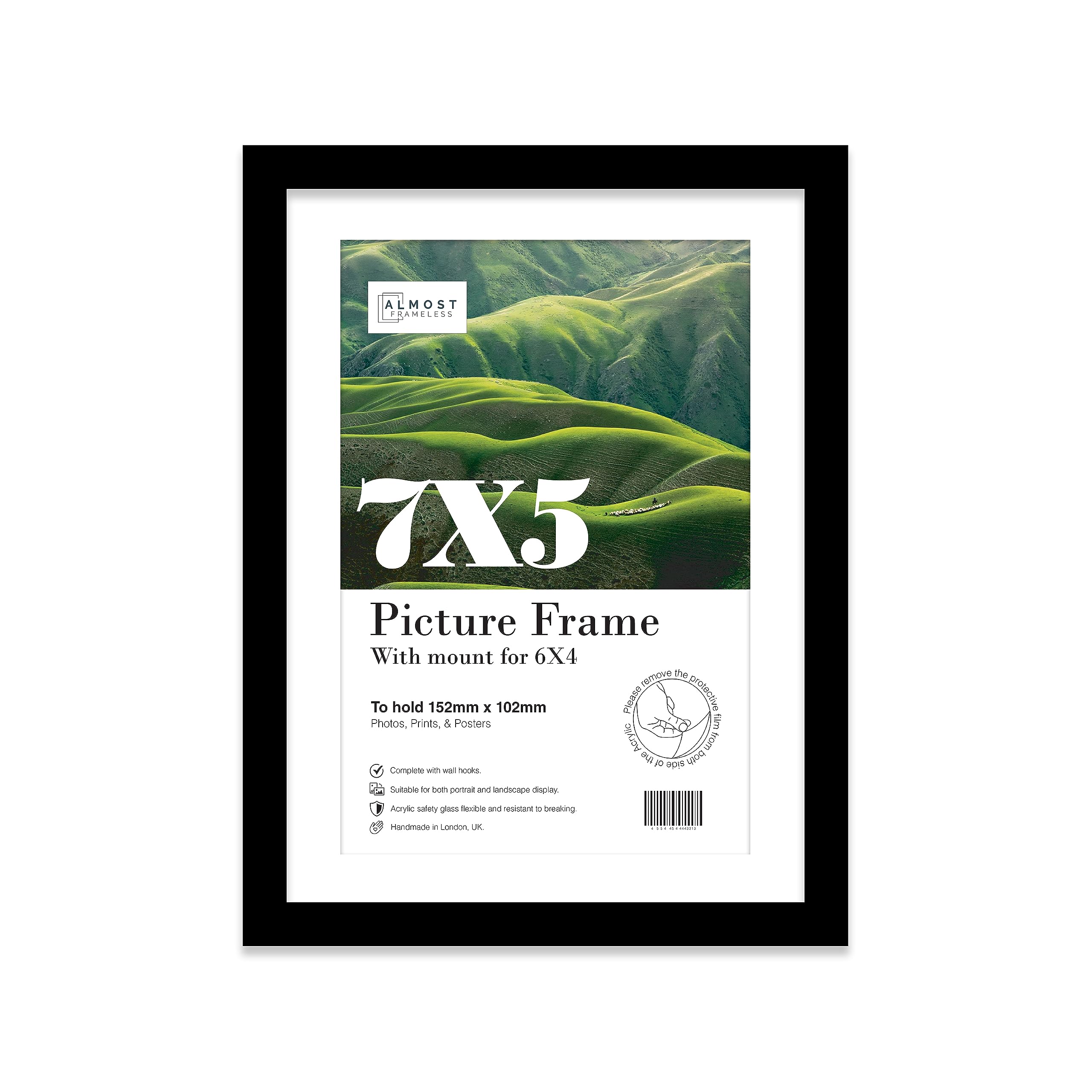 Almost Frameless 7x5 Black Picture Frame With Mount for 6x4 Print, Poster or Photo Poster, Photo, Artwork, or Print. Thin Edge Slim Frame Portrait and Landscape Display with Wall Hooks