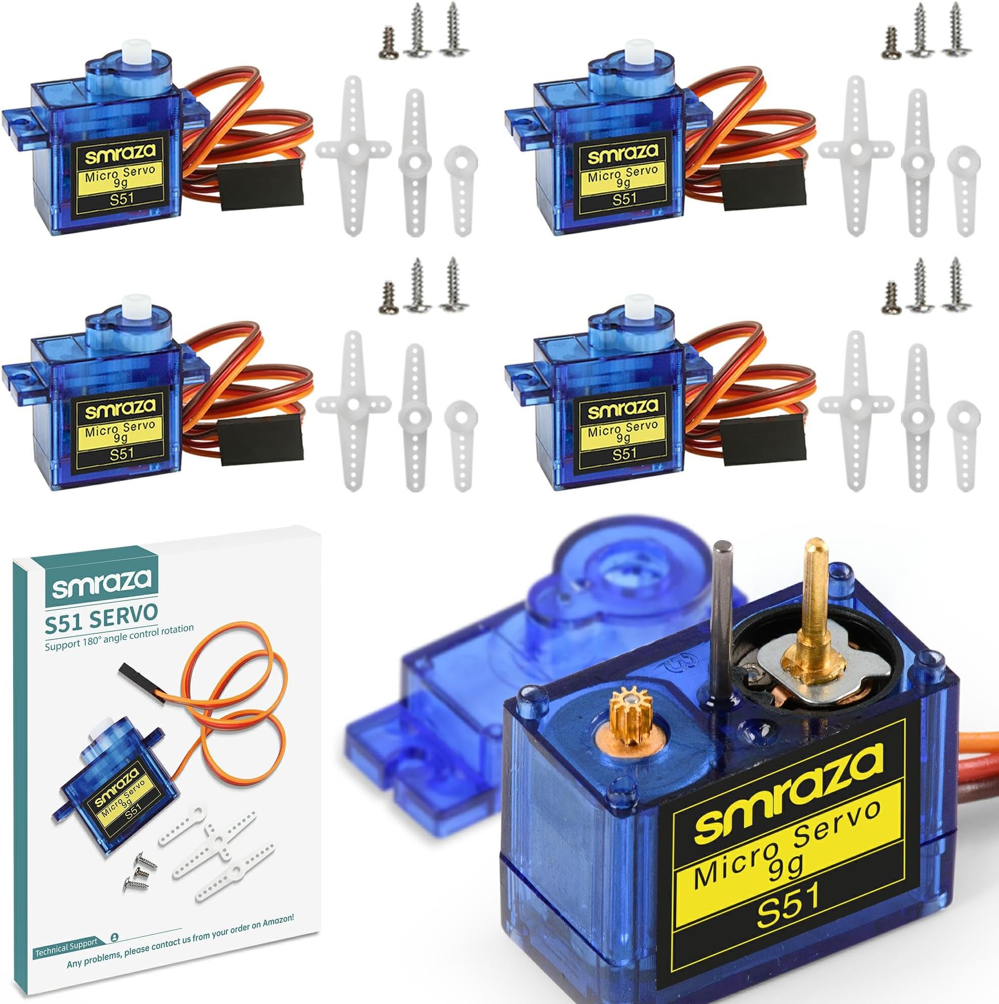 Smraza 4 Pcs SG90 9G Micro Servo Motor Kit for RC Robot Arm/Hand/Walking Helicopter Airplane Car Boat Control with Cable, Mini Servos for Arduino Project