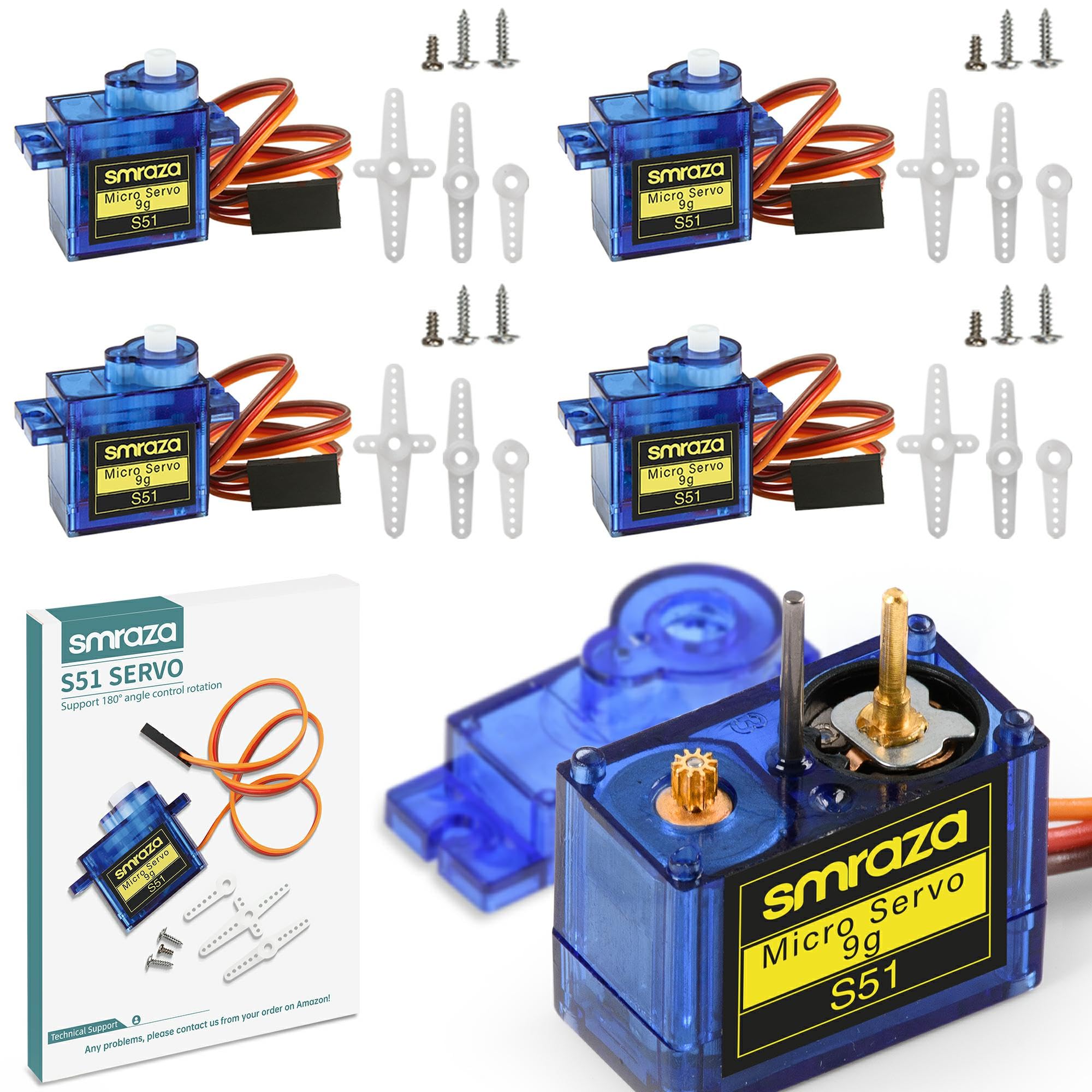 4 Pcs SG90 9G Micro Servo Motor Kit for RC Robot Arm/Hand/Walking Helicopter Airplane Car Boat Control with Cable, Mini Servos for Arduino Project
