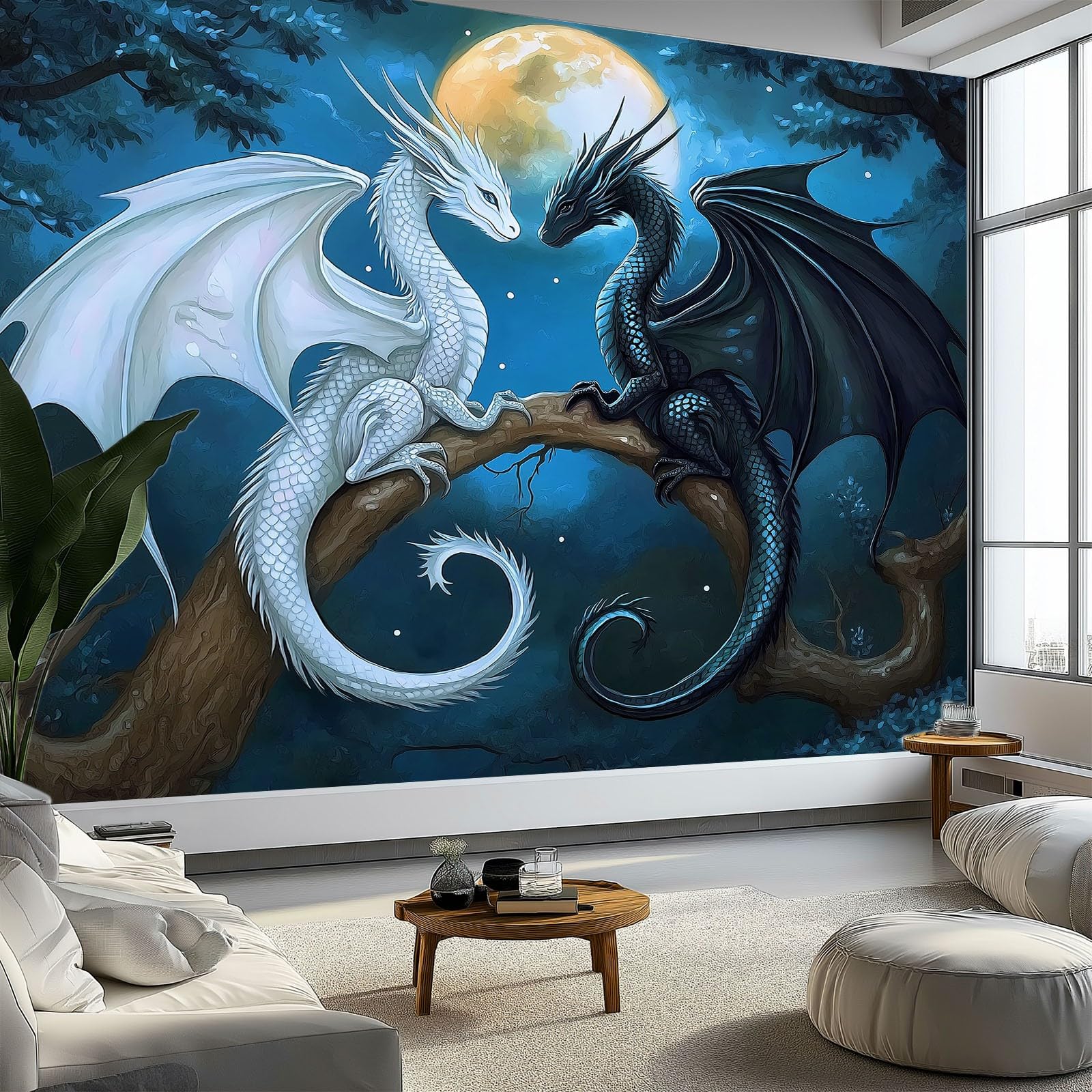 Papier peint dragon panoramique bleu 250x175 cm pour salon