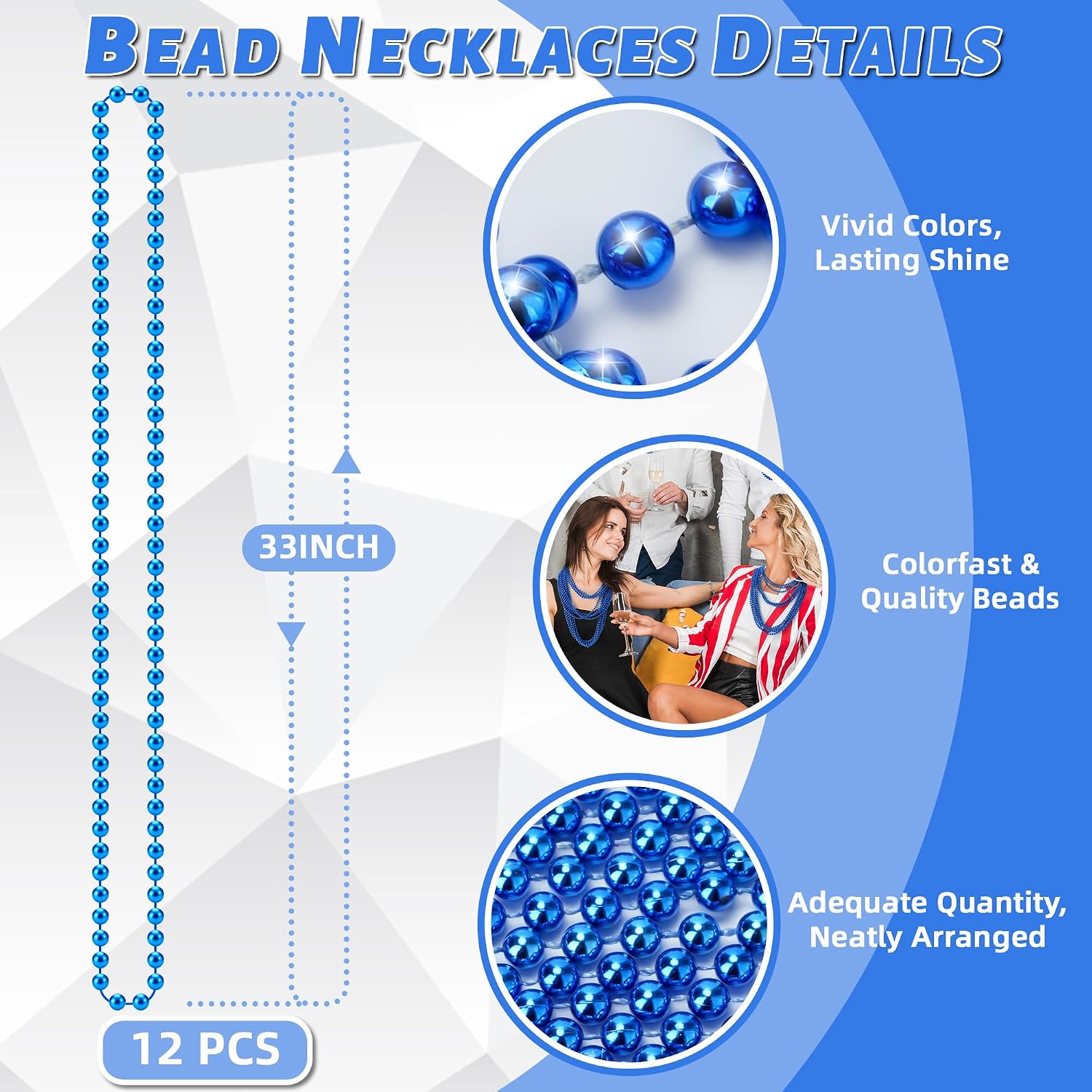 YAXINRUI 12 PCS Blue Bead Necklaces, Mardi Gras Christmas Bead Necklaces, Blue Patriotic Necklace, 33 Inch Round Beaded Necklaces for Mardi Gras Christmas 4th of July Festive Events image 4