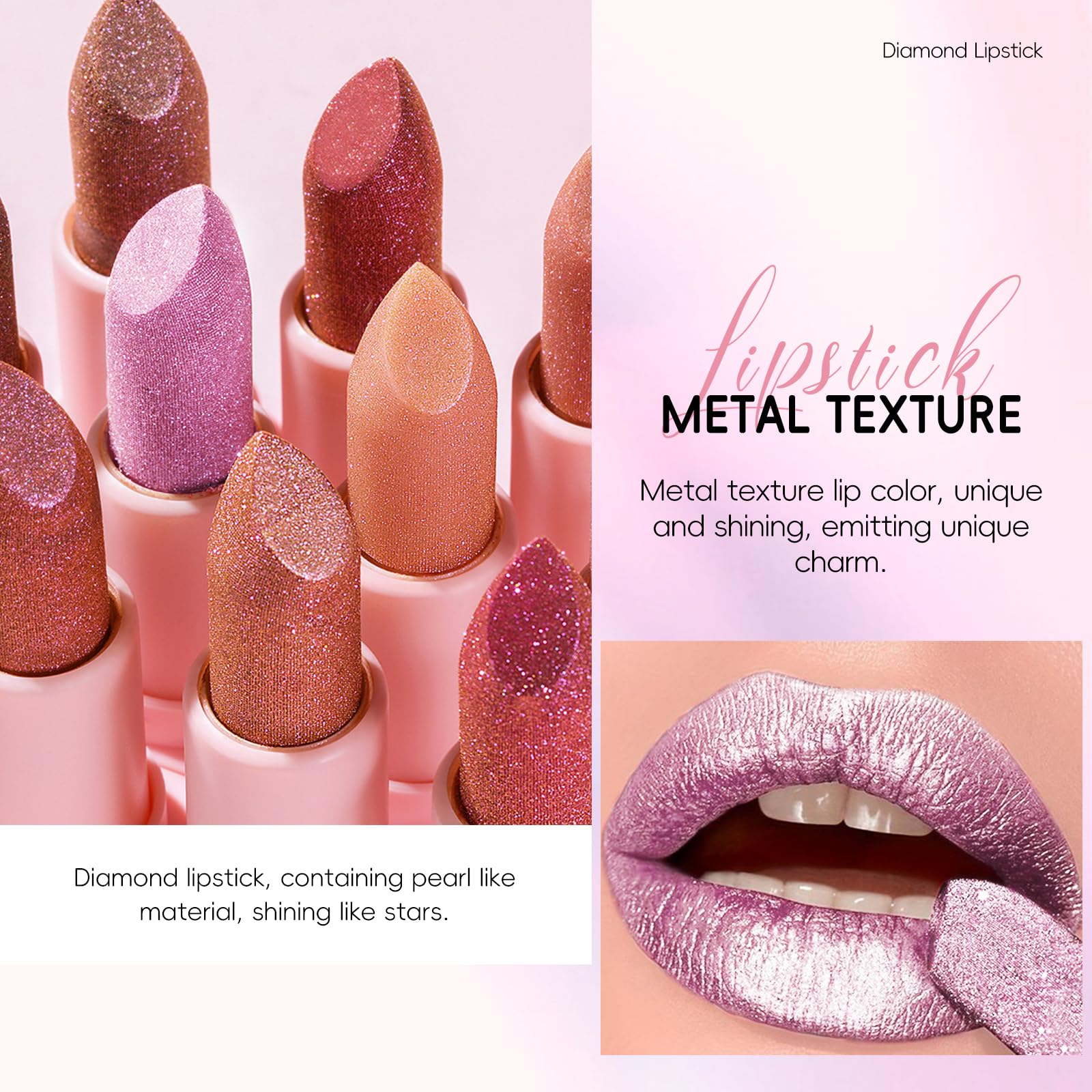 Noerrors Metallic Pink Frost Glitter Lipstick, High Impact Shine Lipcolor - Image 3