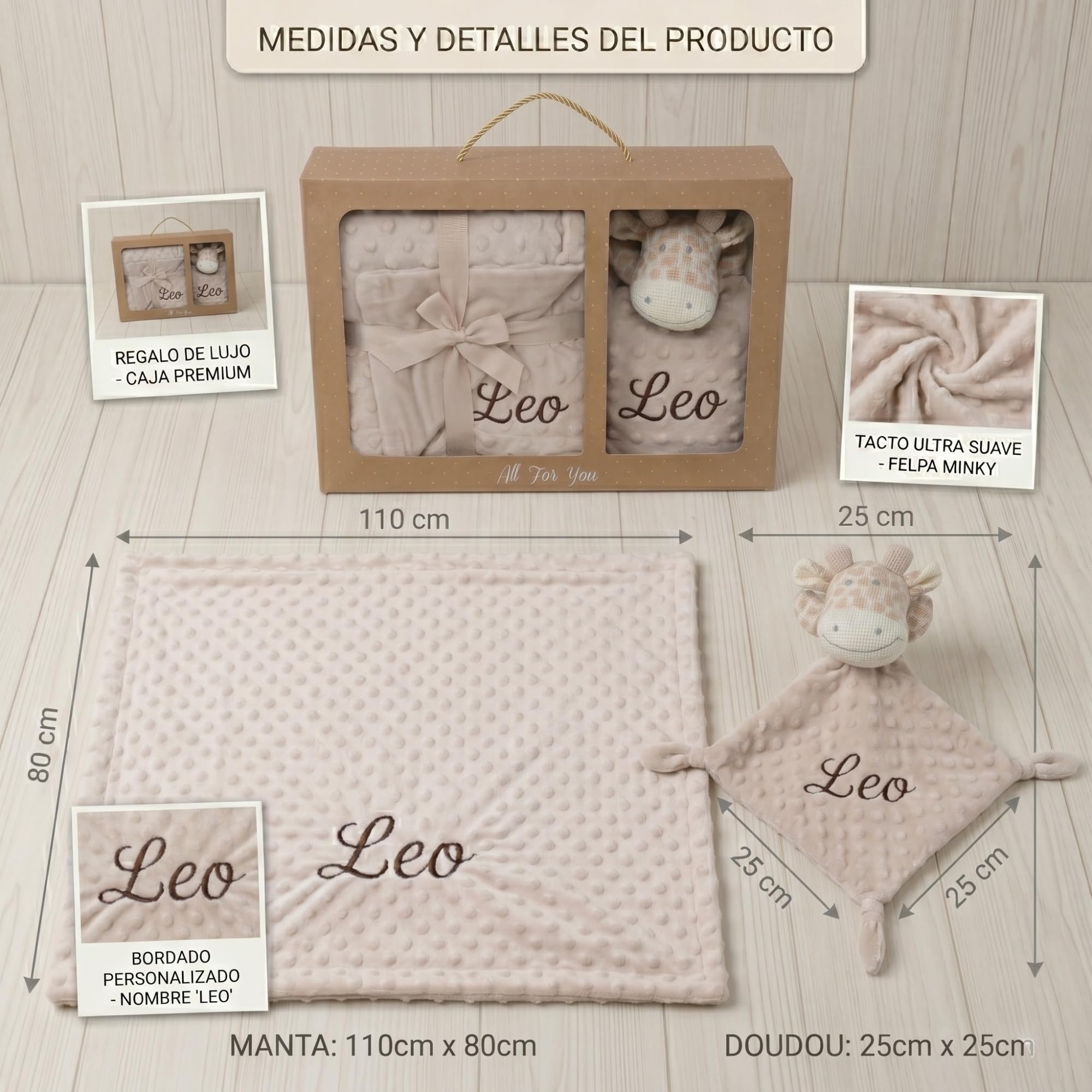 Pack Manta Bebé Personalizada con Nombre Bordado con Doudou Crochet Regalo Personalizado Bebe Recién Nacido Niño Niña Mantita Suave 110x80 cm Dou Dou 25x25 cm Apego Baby Shower Bautizo — view 2