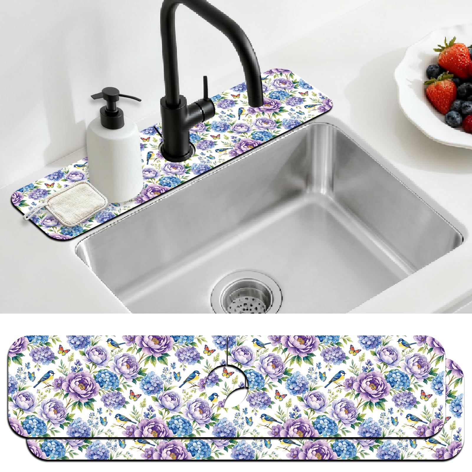 CONCHLERY 2Pcs Vintage-Style Ornate Pattern Kitchen Sink Splash Guard Faucet Mat Flowers Birds Butterflies Faucet Mat for Bathroom Kitchen 5.5x23.6In — image 1