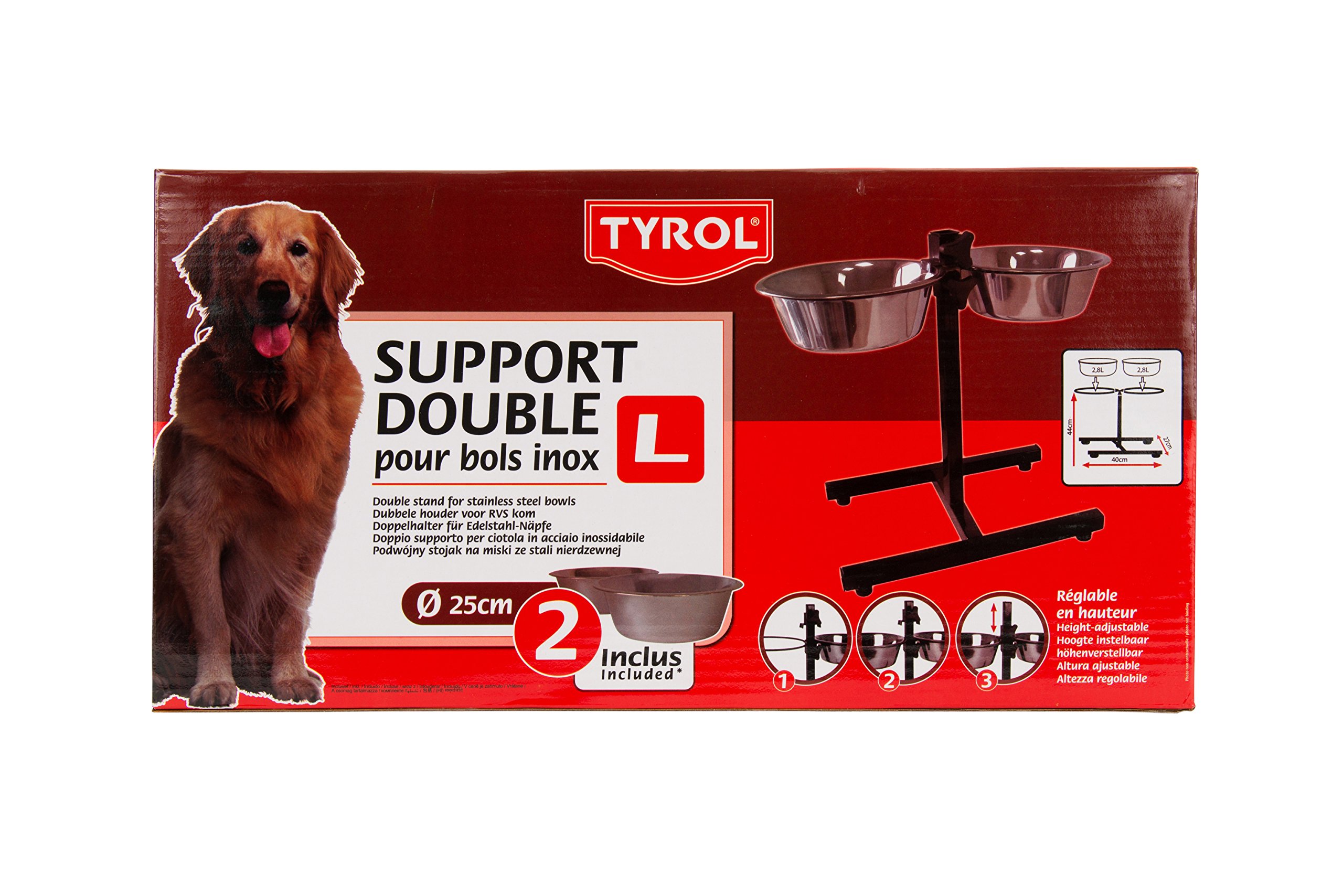 Tyrol Cuenco Doble Elevado, Soporte para Cuenco Ajustable en Altura/2 Cuencos de Acero Inoxidable para Animal pequeño, 25 cm, 6 Unidades