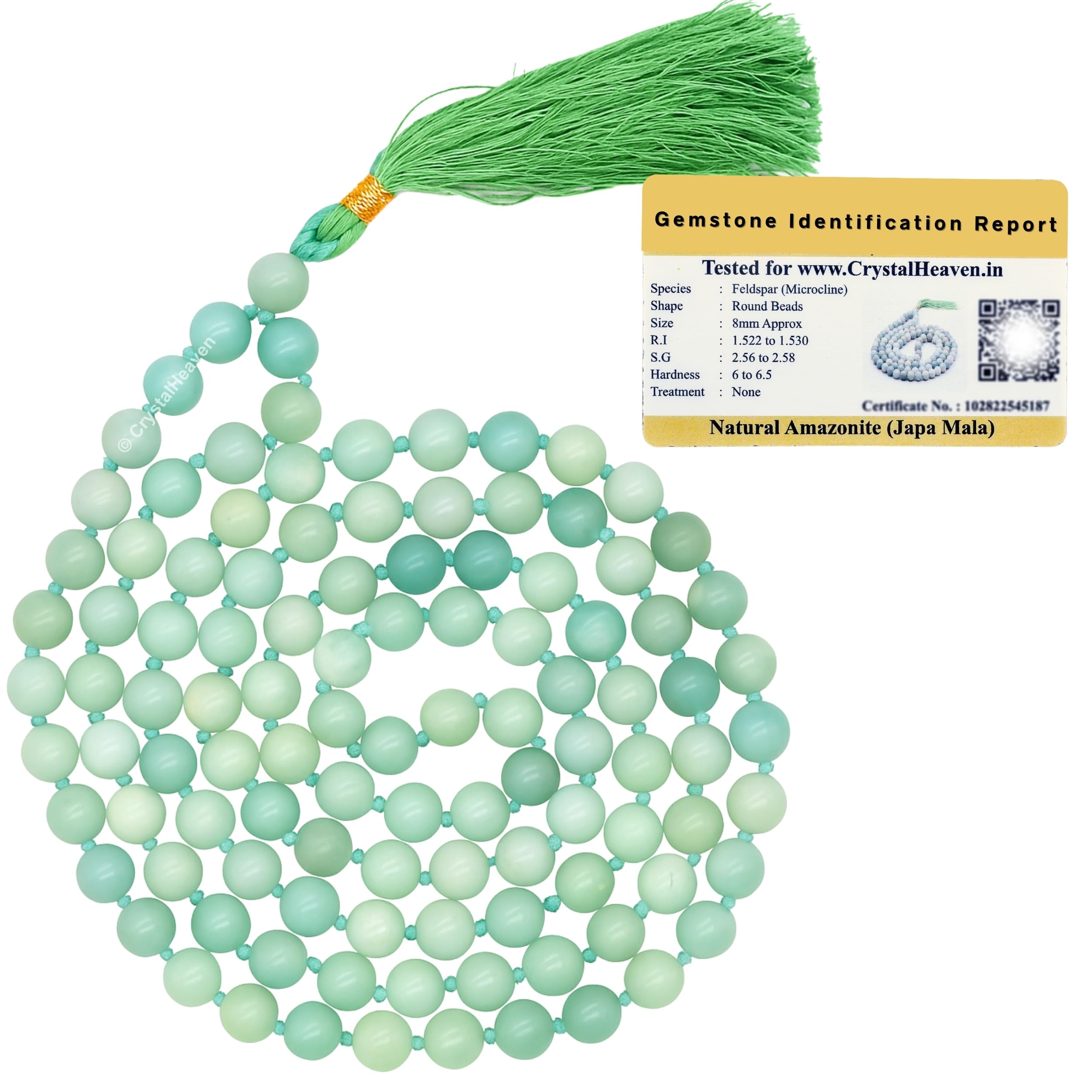 Crystal Heaven Certified Amazonite Crystal Japa Mala Ganthi - 108 Beads Buddhist Prayer Beads - AAA Grade Original Healing Gemstone Agate Mala for Yoga Meditation Spiritual Reiki Feng Shui, Multi