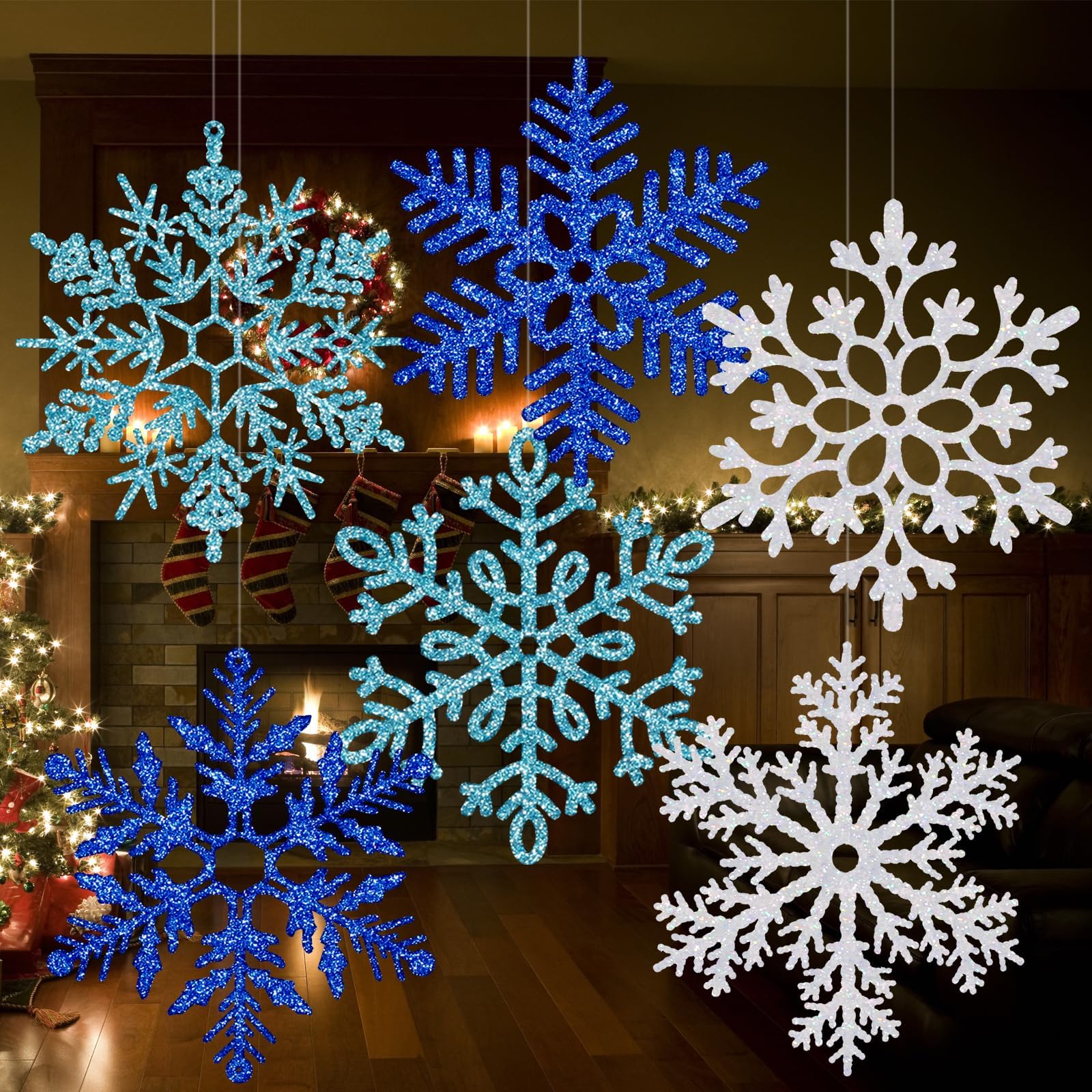6 Stück 40 cm große Schneeflocken-Dekorationen – riesige hängende Schneeflocken, Kunststoff-Schneeflocken für Innen- und Außenbereich, Weihnachtsdekoration, Veranda- und Baumschmuck (weiß, blau,