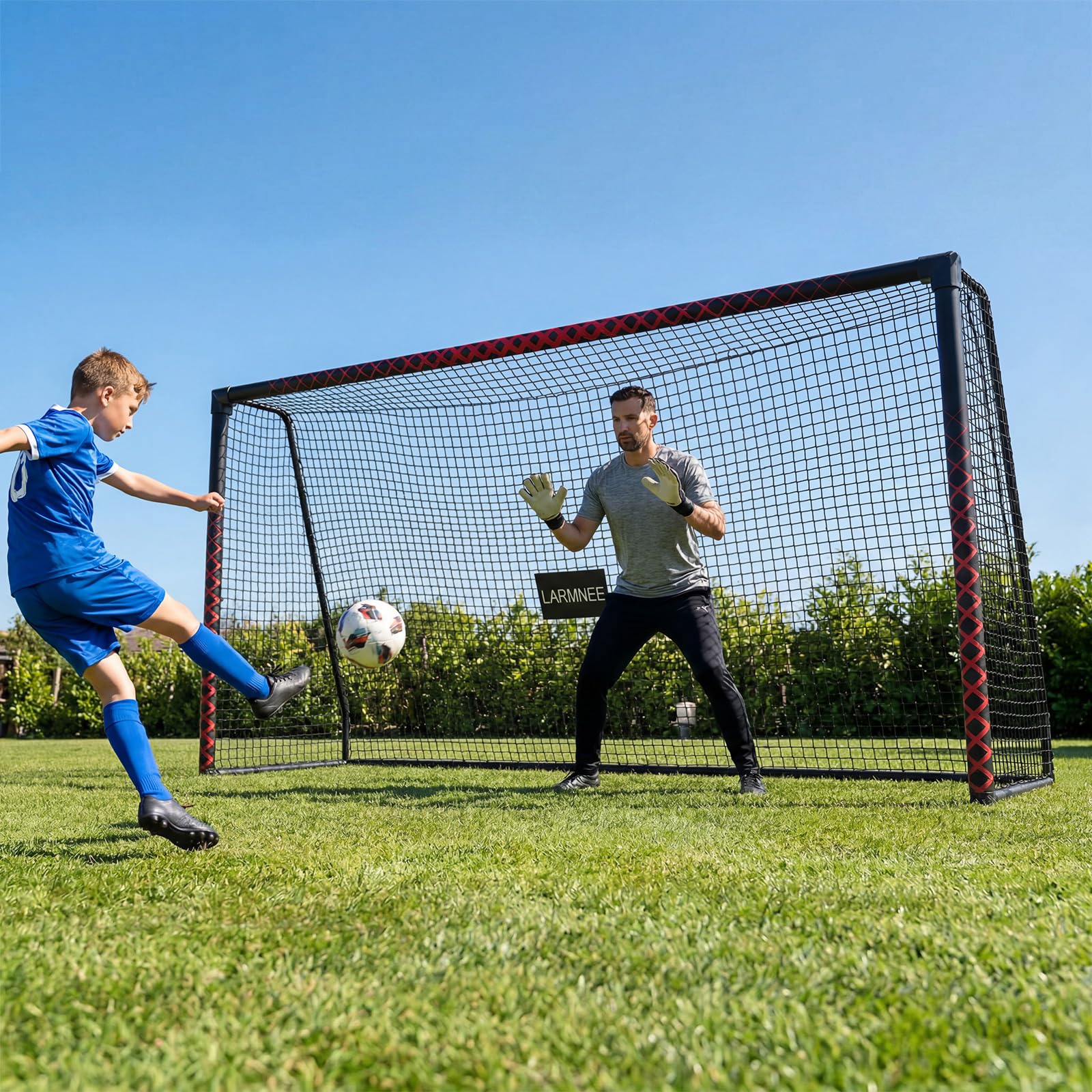 LARMNEE Portería de Fútbol Grande, Incluye Piquetas en U, con Protección de Espuma de Polietileno, para Exterior, Jardín y Campo de Juego