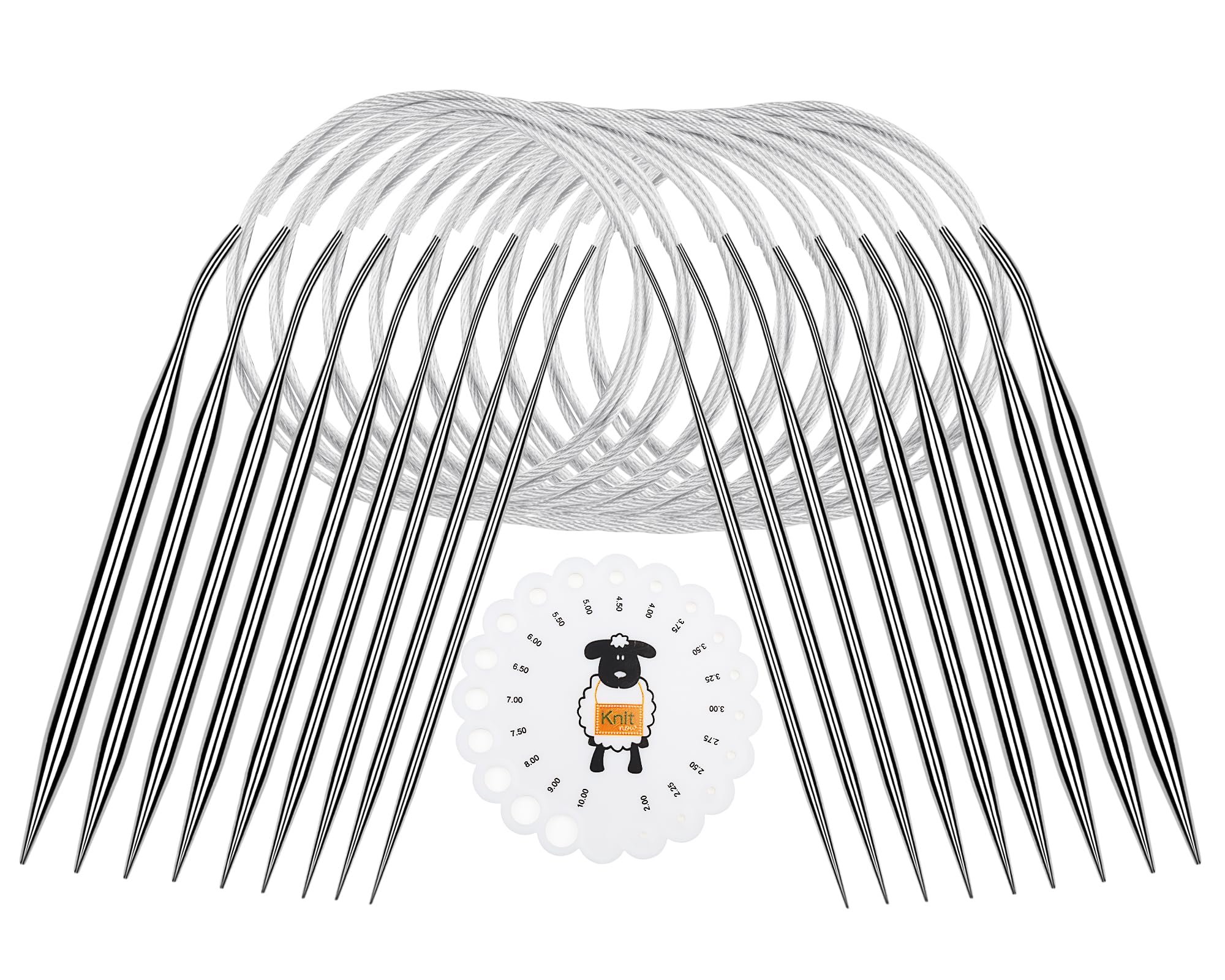 Coopay Edelstahl Rundstricknadeln Set 80 cm, 9 Stück Mit Nadellehre, Metall 2,0-6,0mm, Für Pullover, Schal, Decke Oder Großes Projekt