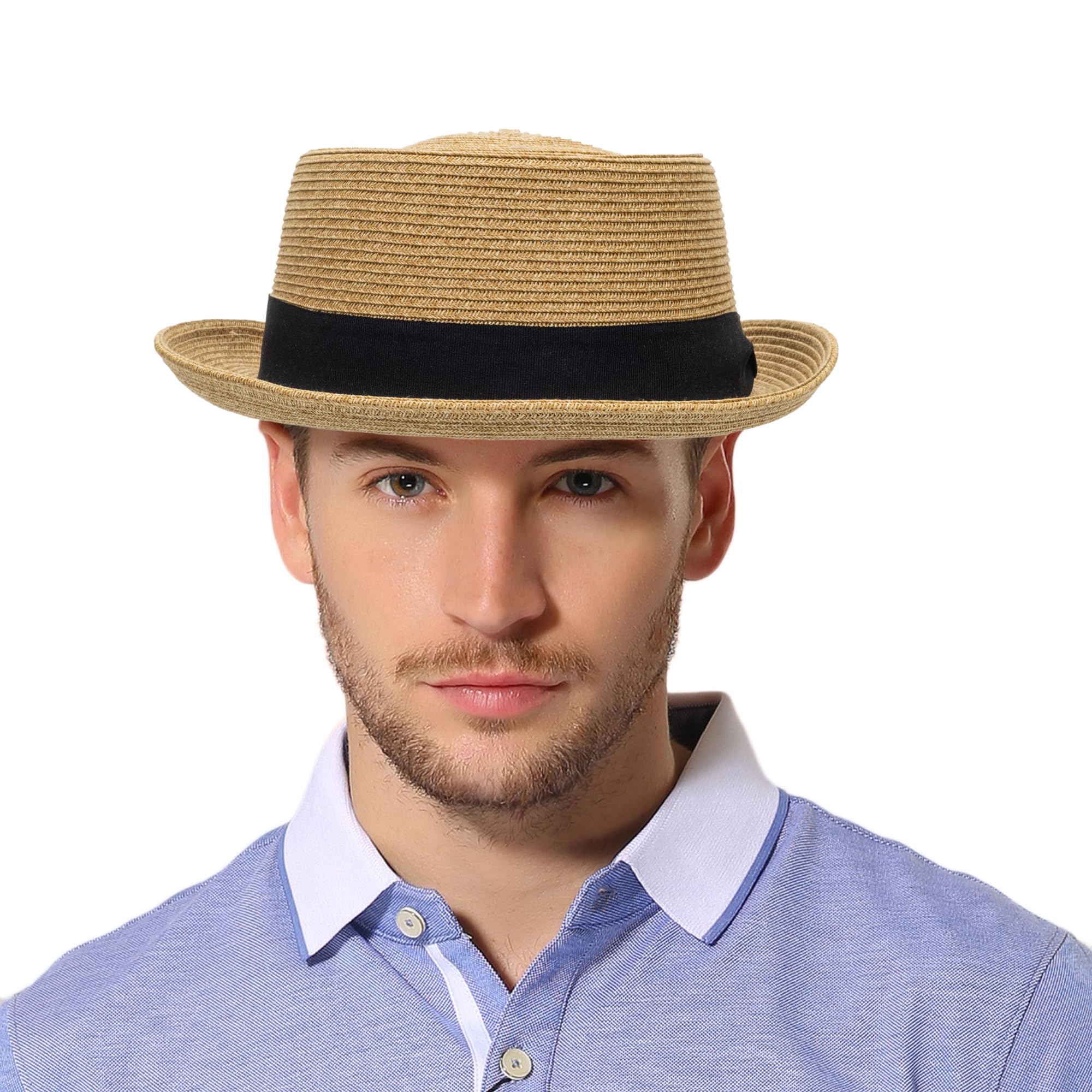 Sombrero clásico de paja de pastel de cerdo para mujeres y hombres, sombrero de verano con ala enrollable, sombrero de paja Fedora sombrero de playa con lazo
