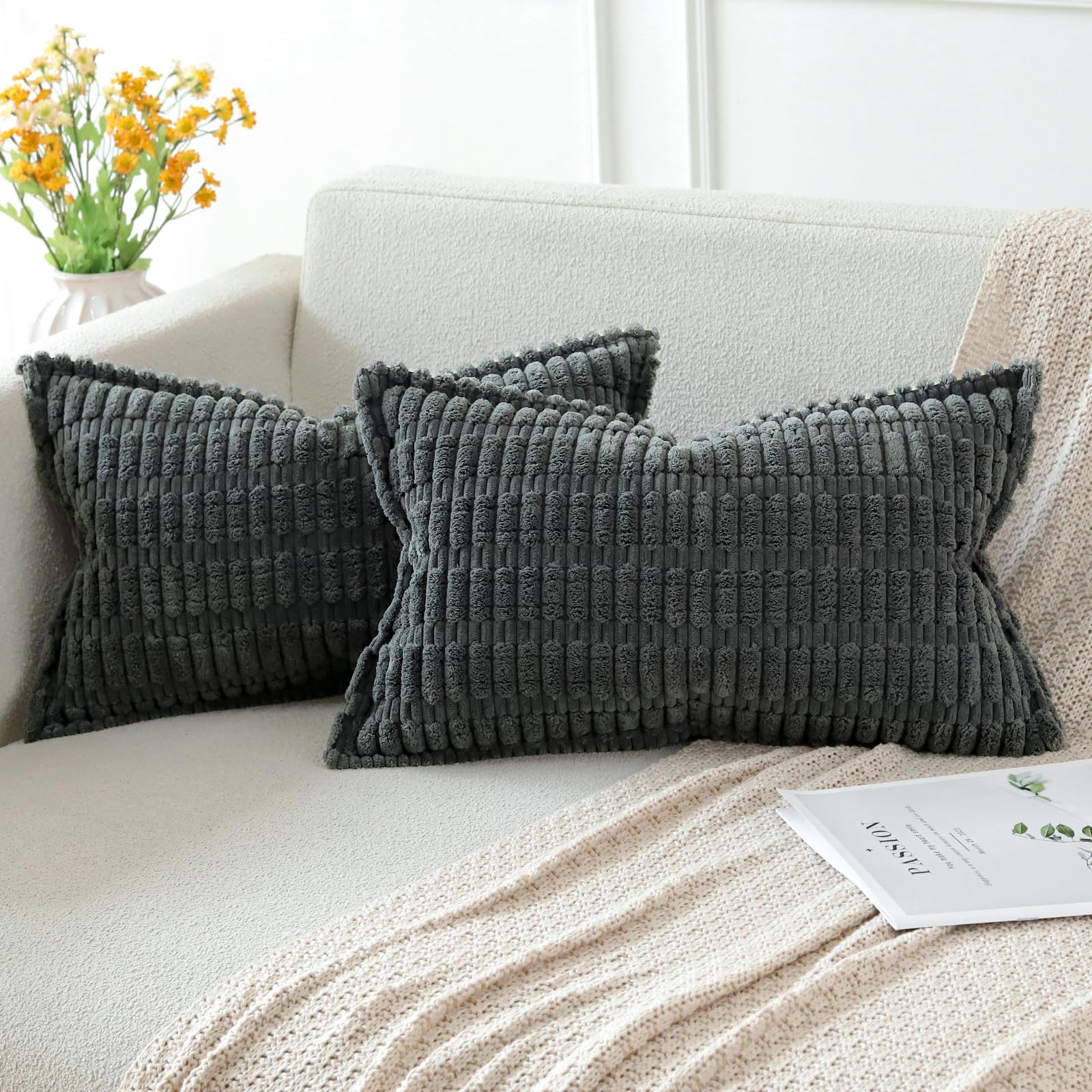 Artscope Dark Gray Cushion Covers Set of 2 Corduroy Decorative Square Striped Pillowcase with Stitched Edge Pillow Covers 30x50cm for Home Decor Sofa Bedroom Car