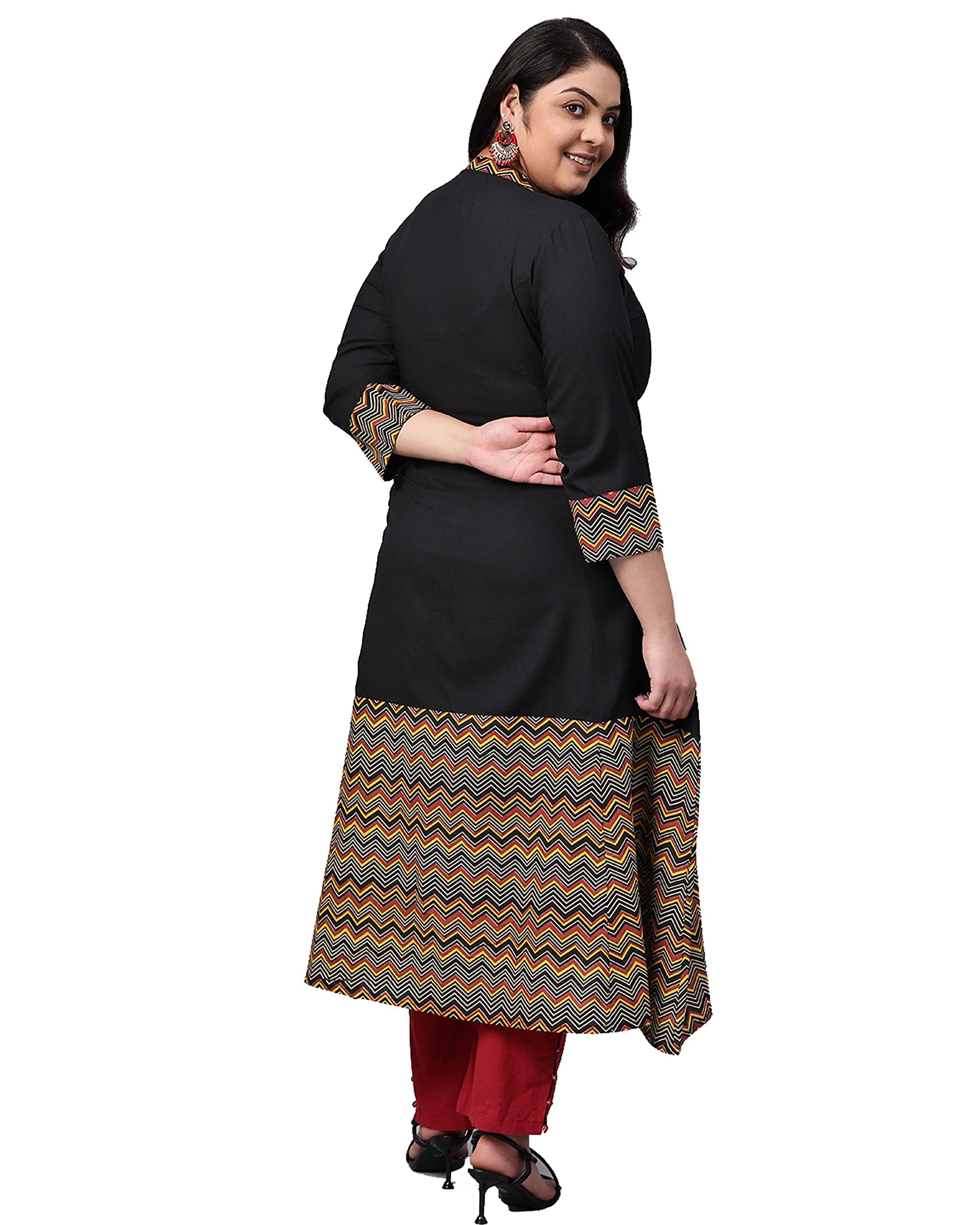 Yash Gallery Women's Plus Size Rayon & Cotton Cambric Zig-Zag Printed Regular Fit A-Line kurta For Women(1112Ykblack_Black_Xxxx-Large) 2