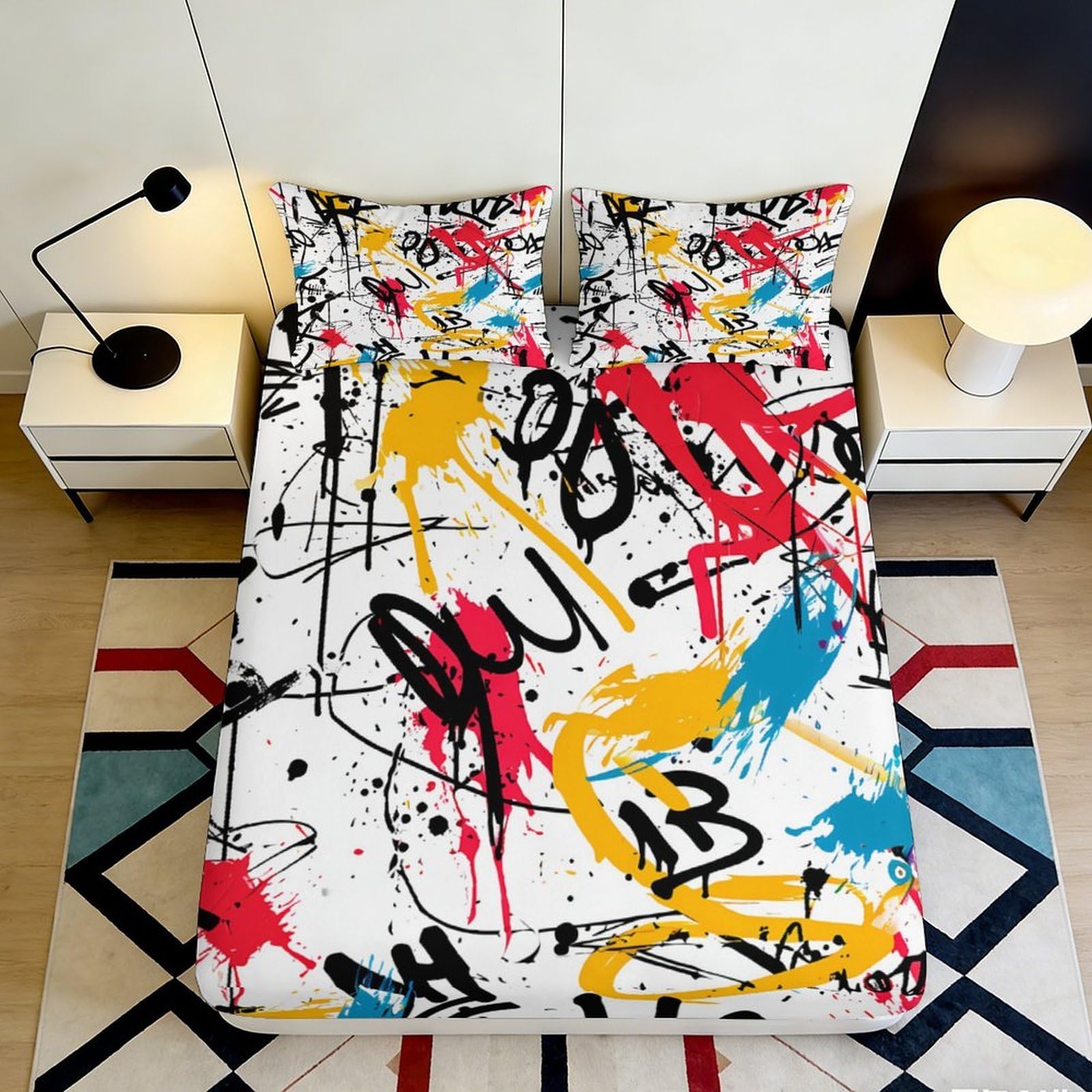 3D Printed Graffiti Art Fitted Sheet Microfiber Soft Colorful Abstract Splash Mattress Cover Bedroom Decor 90x200x25cm