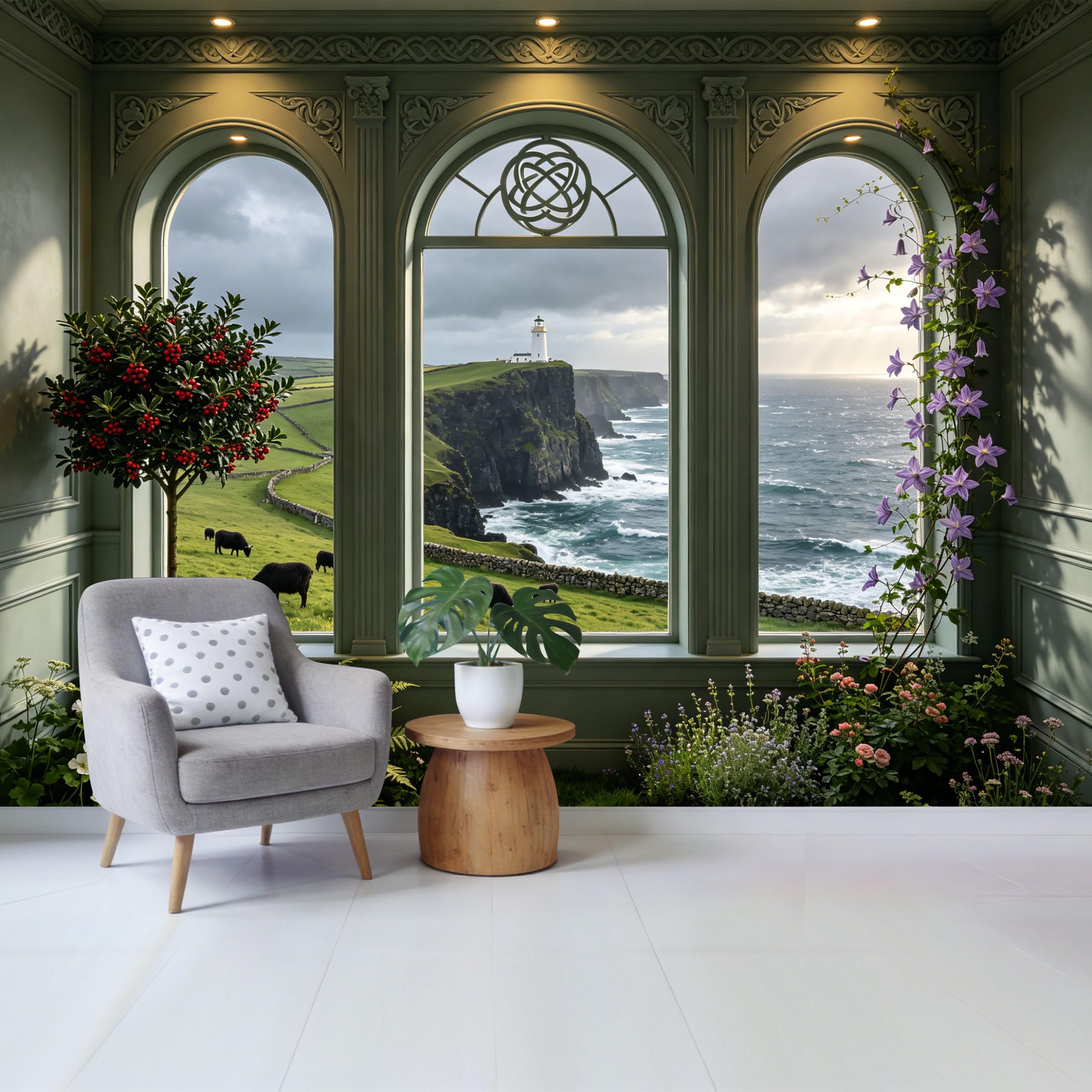 Custom Size Wall Mural Coastal Cliff Lighthouse Ocean View Landscape Removable Self Adhesive Fabric， Home Wall Decor for Living Room Bedroom Bathroom