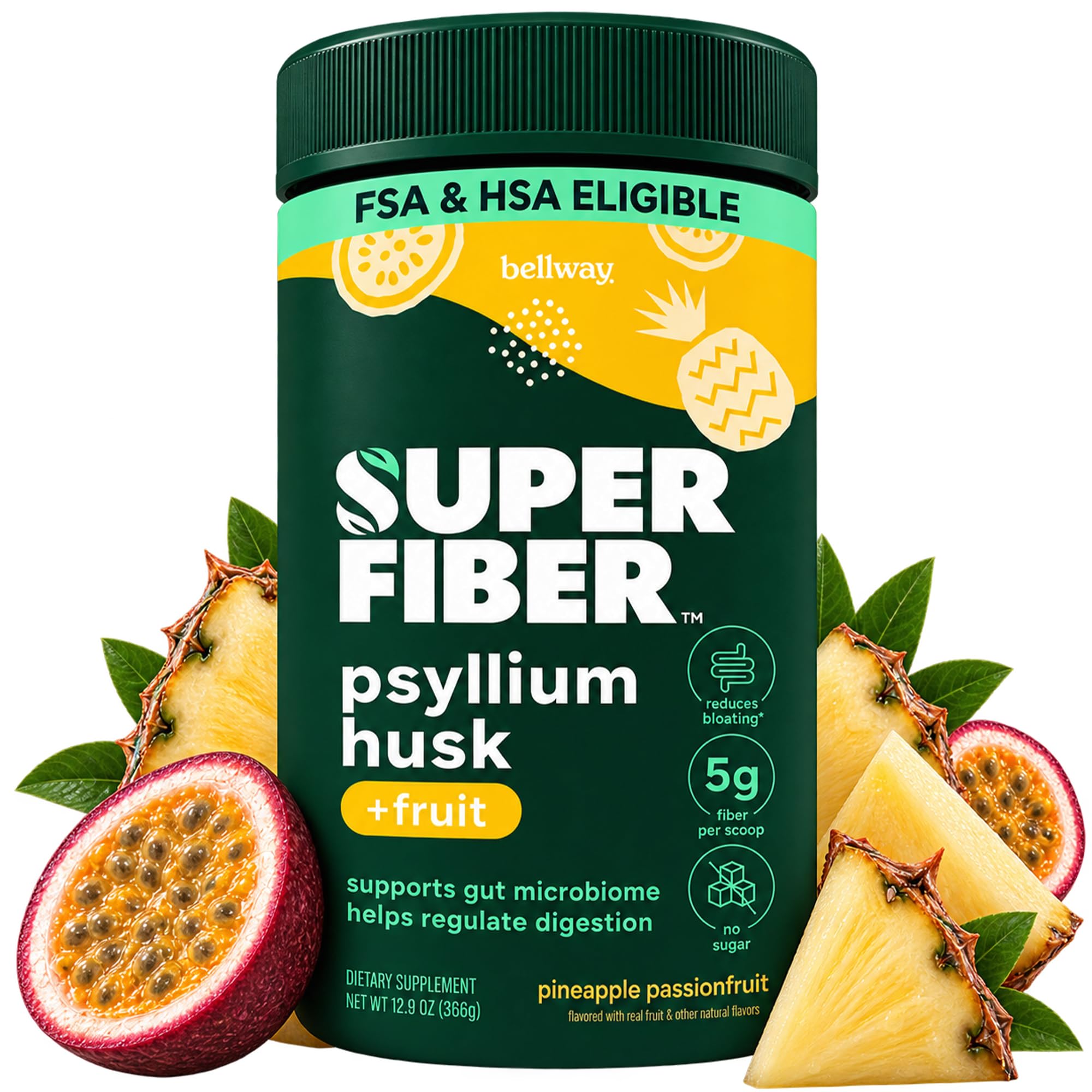 Bellway Super Fiber Powder + Φρούτα, Χωρίς ζάχαρη Βιολογικό Psyllium Husk Fiber συμπλήρωμα για την κανονικότητα, Bloating Relief & Digestive Health, Plant-based, Ανανάς Πάθος Φρούτα (50 εξυπηρετούν)