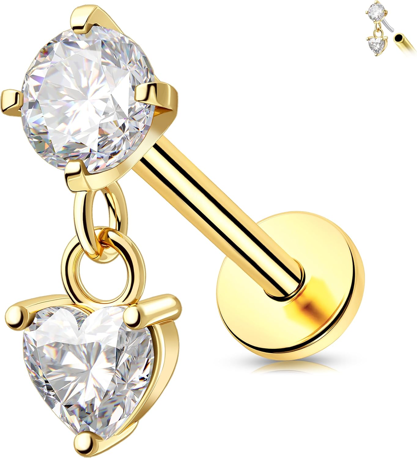 Melighting 14K Solid Gold Dangle Helix Earring Titanium Threadless Push In Earring 16G Gold Flat Back Earring 6/8 mm Cartilage Earring Conch Piercing Jewelry