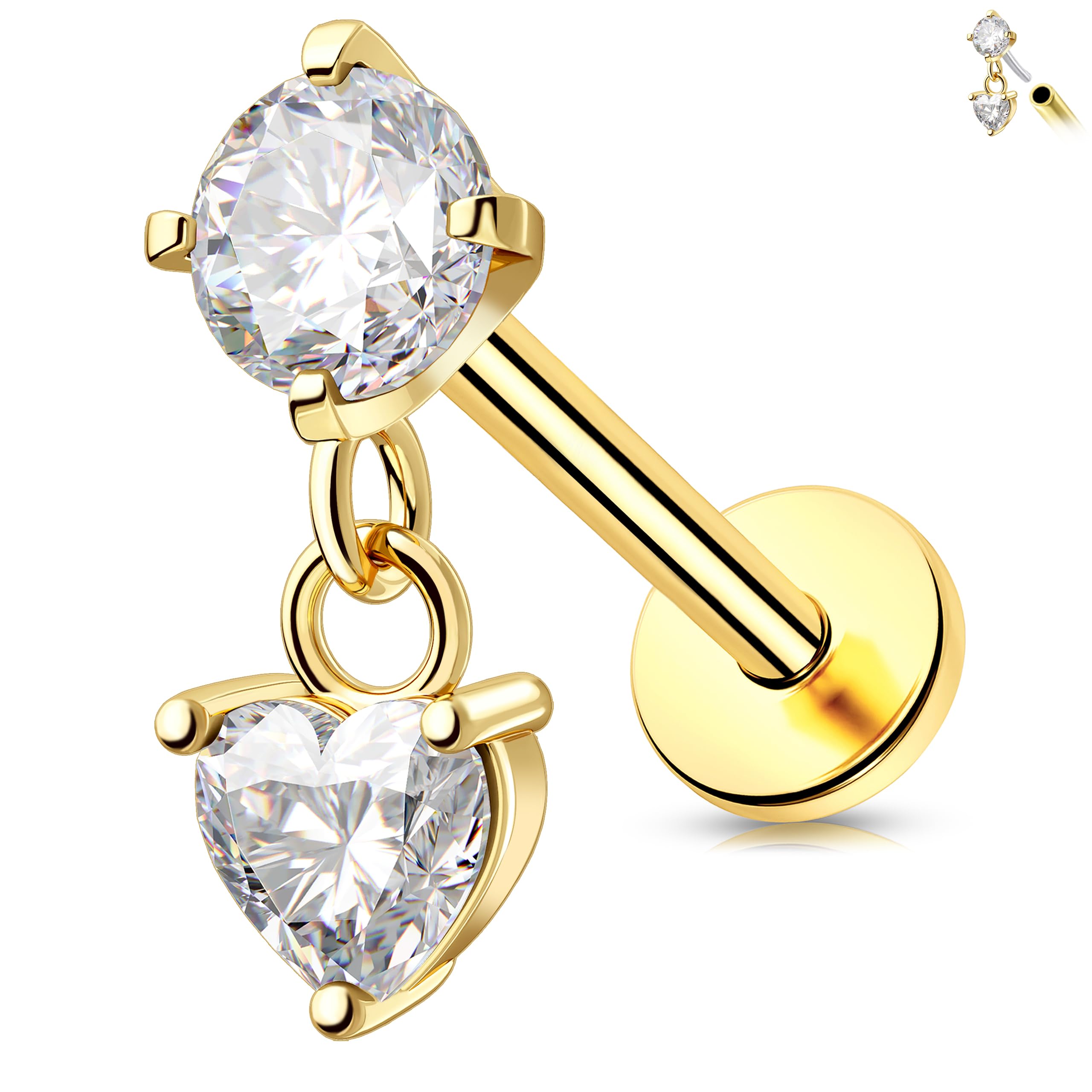 Melighting 14K Solid Gold Dangle Helix Earring Titanium Threadless Push In Earring 16G Gold Flat Back Earring 6/8 mm Cartilage Earring Conch Piercing