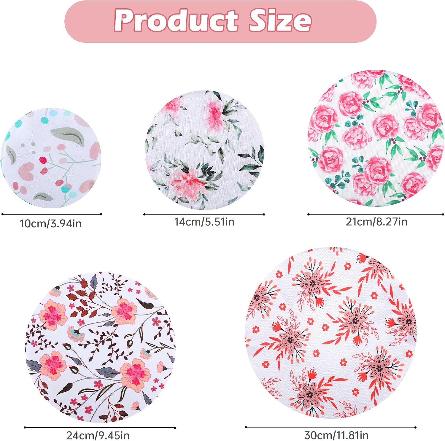 Elastic Reusable Bowl Covers for Bread - Set of 5, Easily Fit Bowls 4" to 12", Fabric Cloth Sourdough Bowl Covers for Proofing, Red Flower