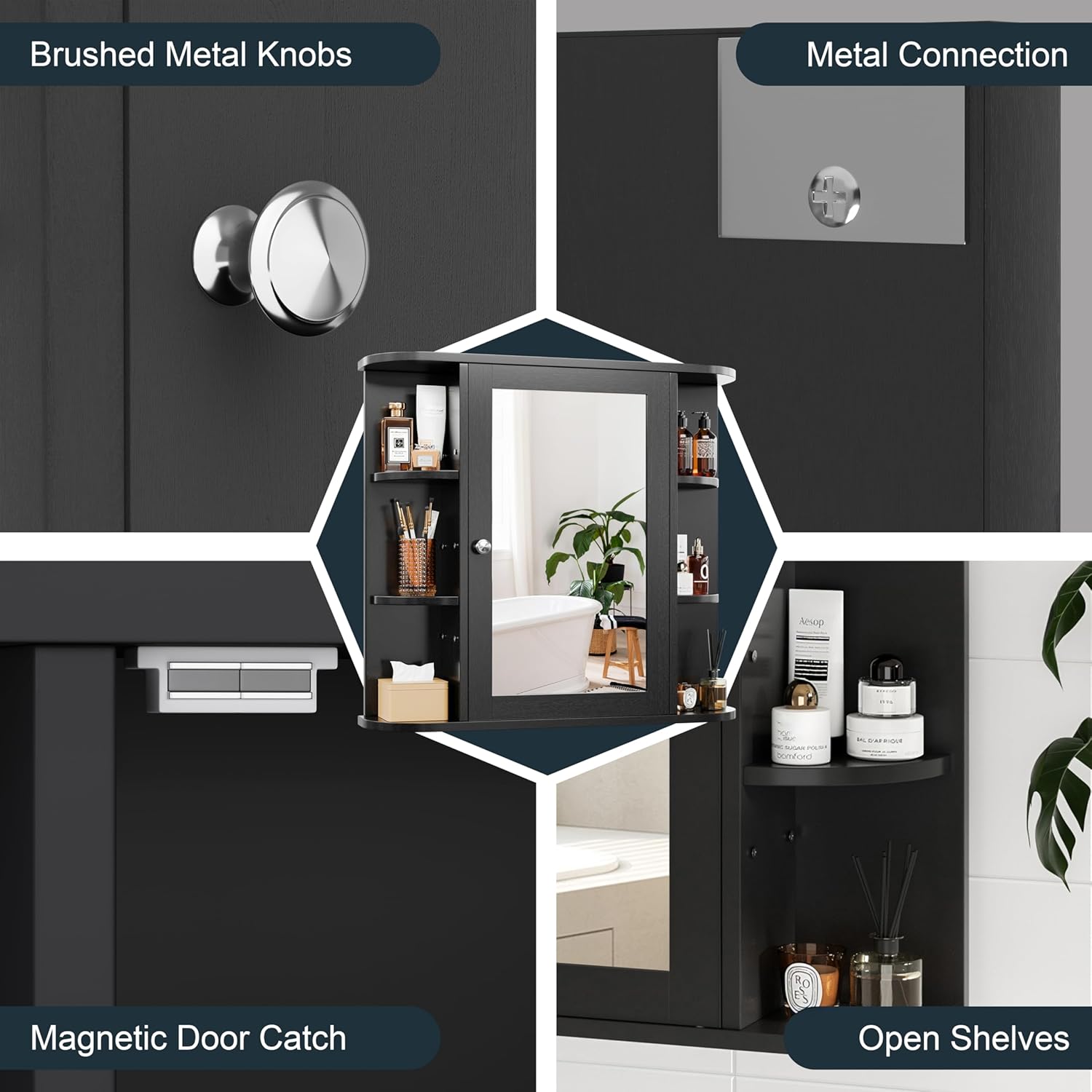 SUNLEI Small Bathroom Cabinet, Medicine Cabinet Mirror with Doors and Shelves, Recessed Wood Over Toilet Storage Cabinet Wall Mount for Laundry Kitchen Living Room(Black)
