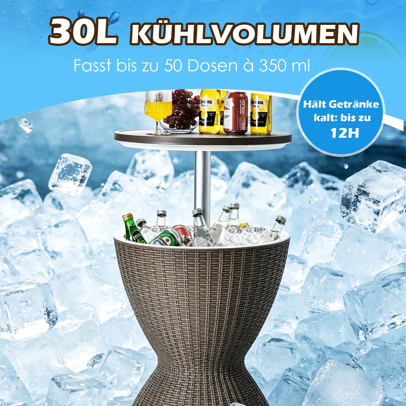 GYMAX Cool Bar 30L, 3-in-1 Beistelltisch mit ausziehbarer Tischplatte für Getränke & Snacks, Getränkekühler in Rattan-Optik, Bier- & Weinkühler für Garten, Terrasse & Balkon (Braun)