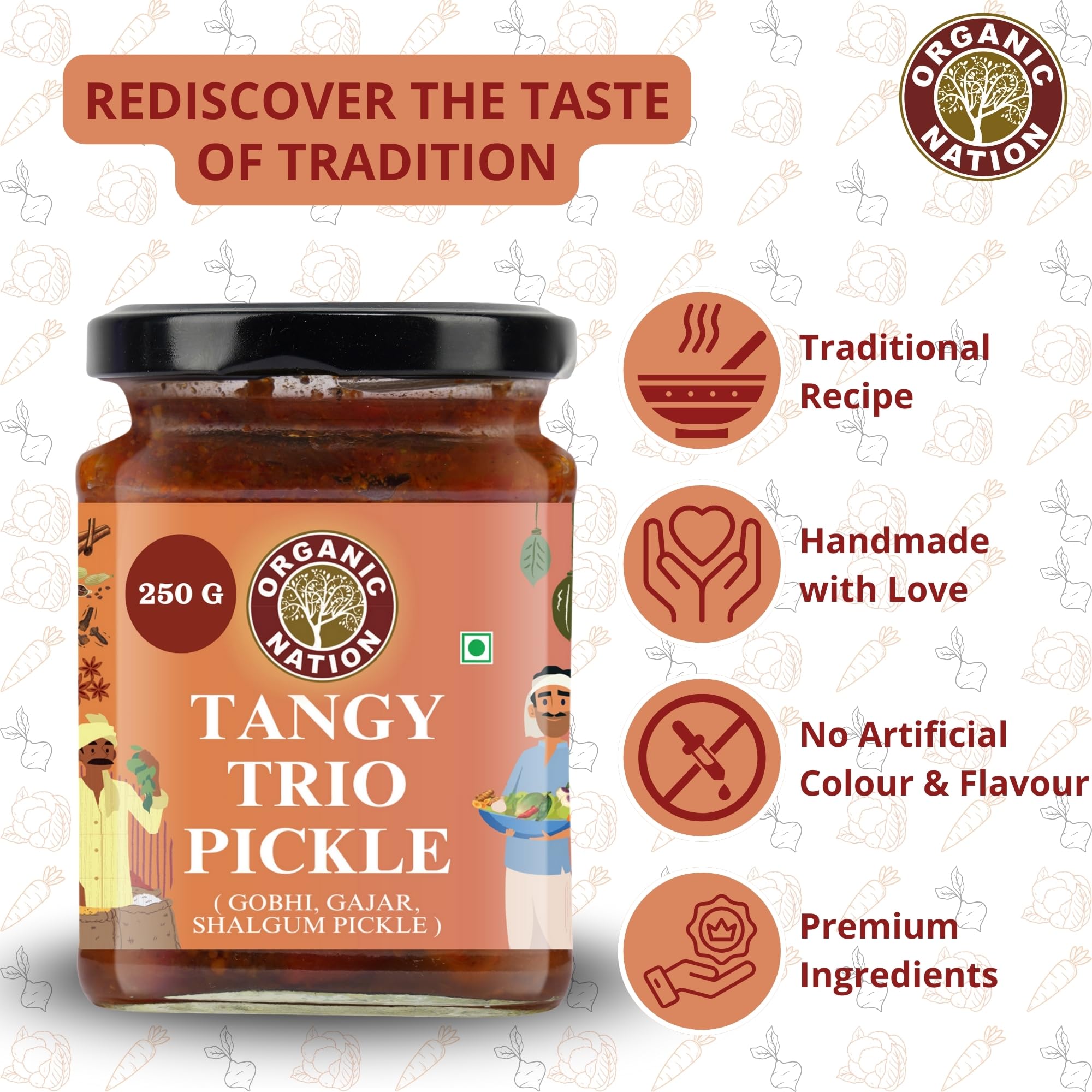 ORGANIC NATION Deliciously Tangy Gobhi Gajar Shalgam Pickle | Homemade Pickles with Authentic Flavor | Mixed Pickle Made with Fresh Ingredients | Organic Pickle 250g Jar, Vibrant Color 2