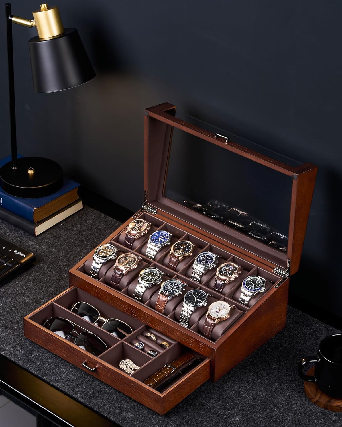 ProCase Wooden Watch Box for Men, Wood Watch Display Case Men's Jewelry Organizer Box with Drawer -12 Slot, Walnut - Image 4