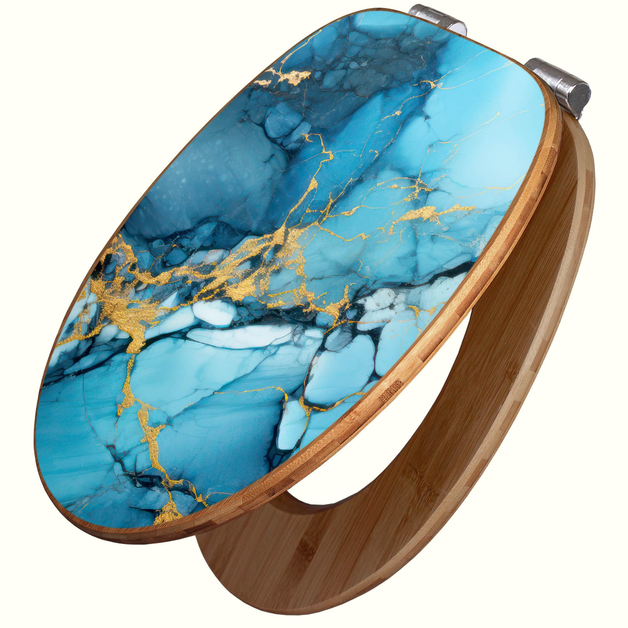 banjado Design WC Sitz Bambus Absenkautomatik 45,8x37,5cm - Toilettendeckel mit Absenkautomatik Holz - hochwertiger Bambus Klodeckel - WC-Sitz für gängigen Toiletten - Motiv Blauer Marmor mit Gold 2